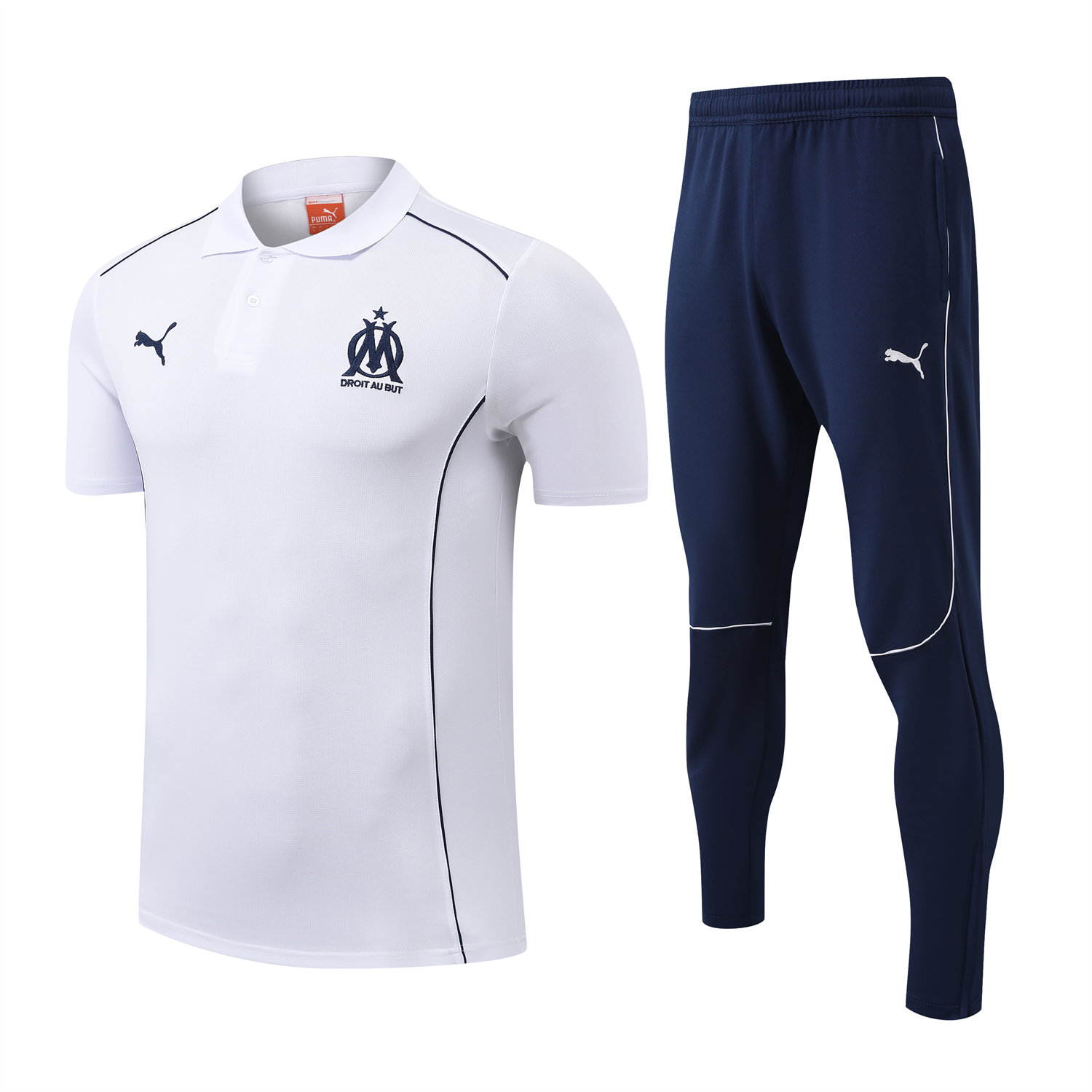 foot-Marseille 25-26 POLO Short-Sleeve Training Set - White Top and Deep Blue Pants