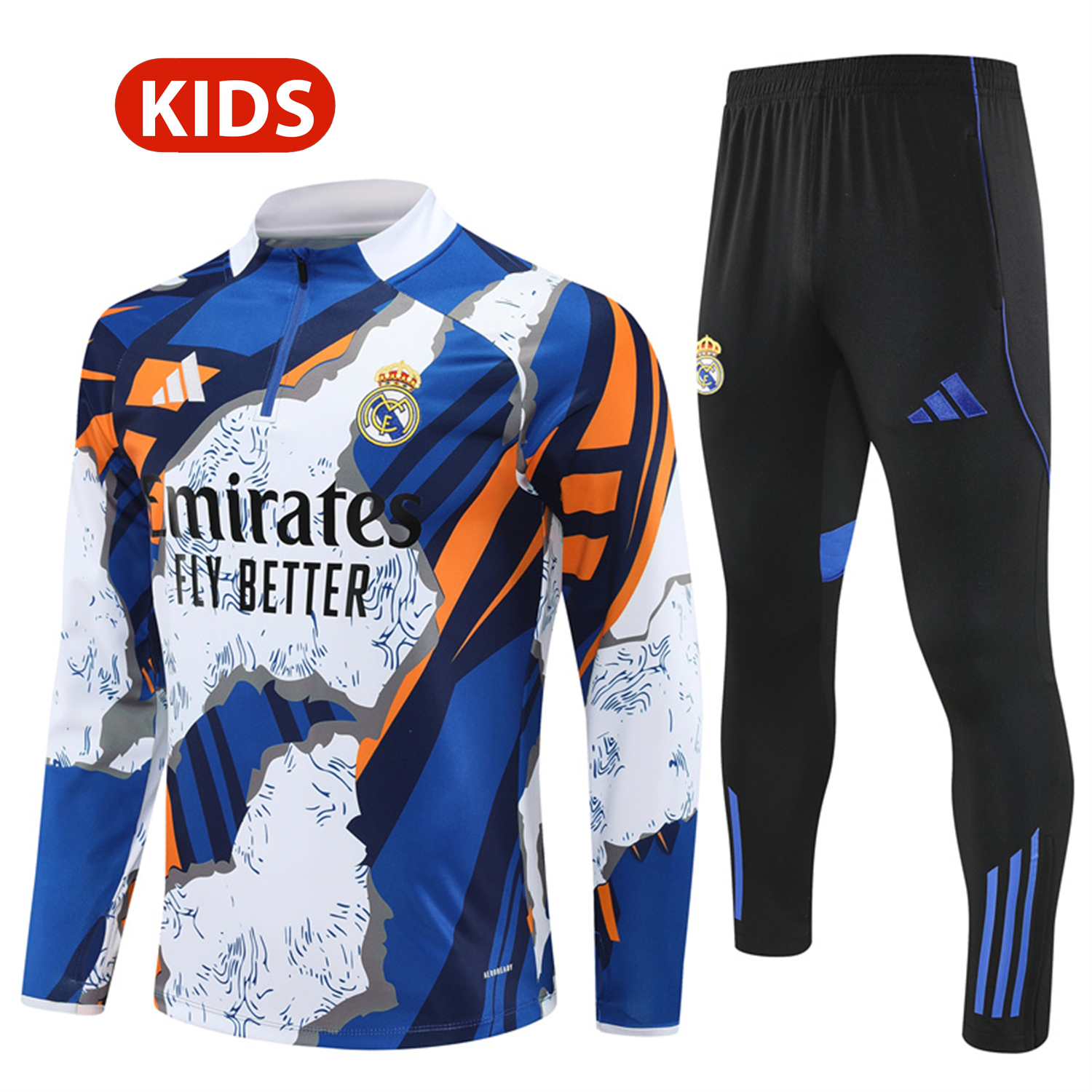 foot-Real Madrid 25-26 Kids Long Sleeve Training Set - Yellow, White and Blue Camouflage Top and Black Pants