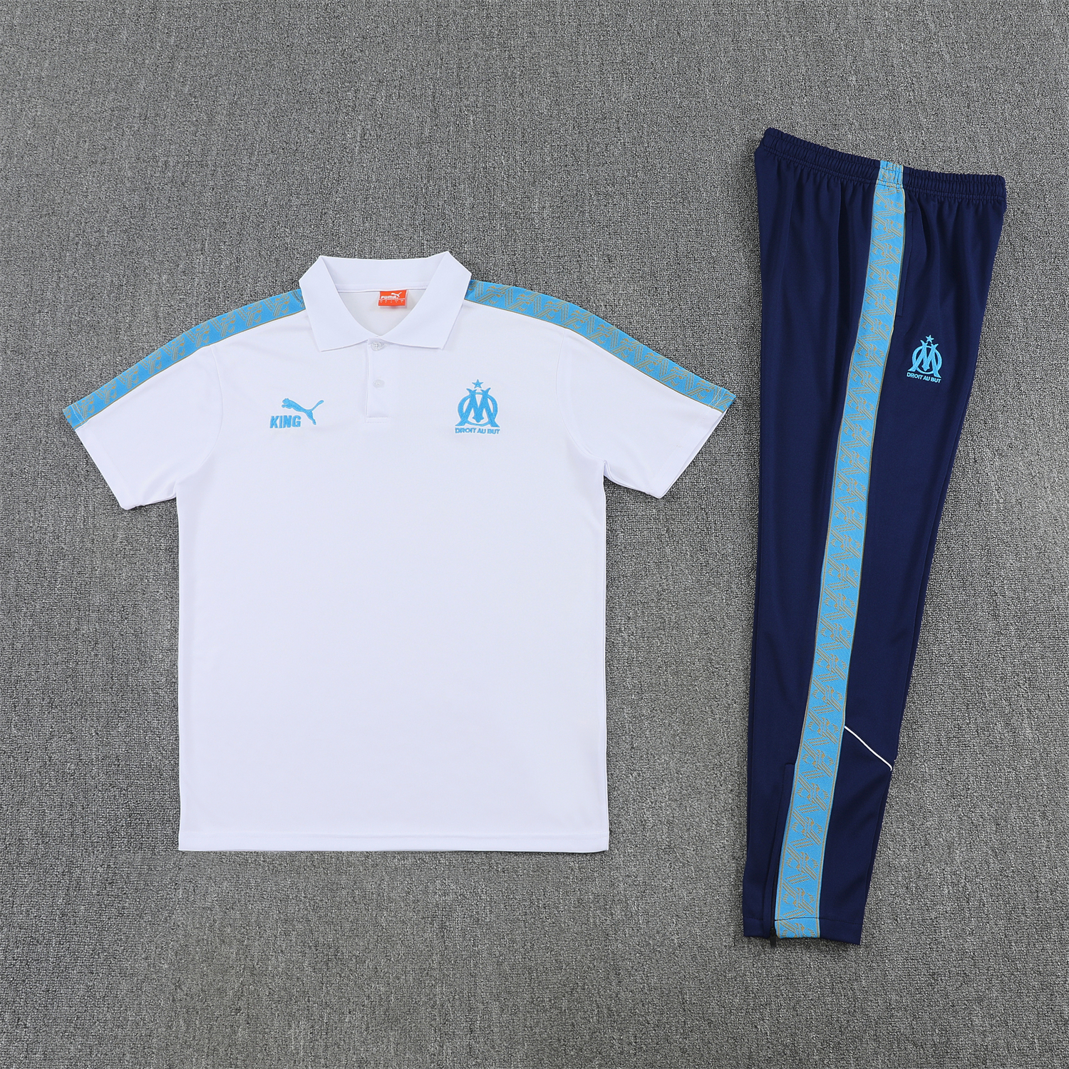 Unitedfootballkit.com | Marseille 25-26 POLO Short-Sleeve Training Set - White Top and Dark Blue Pants -Customize Name, Number and Patch | Worldwide Shipping