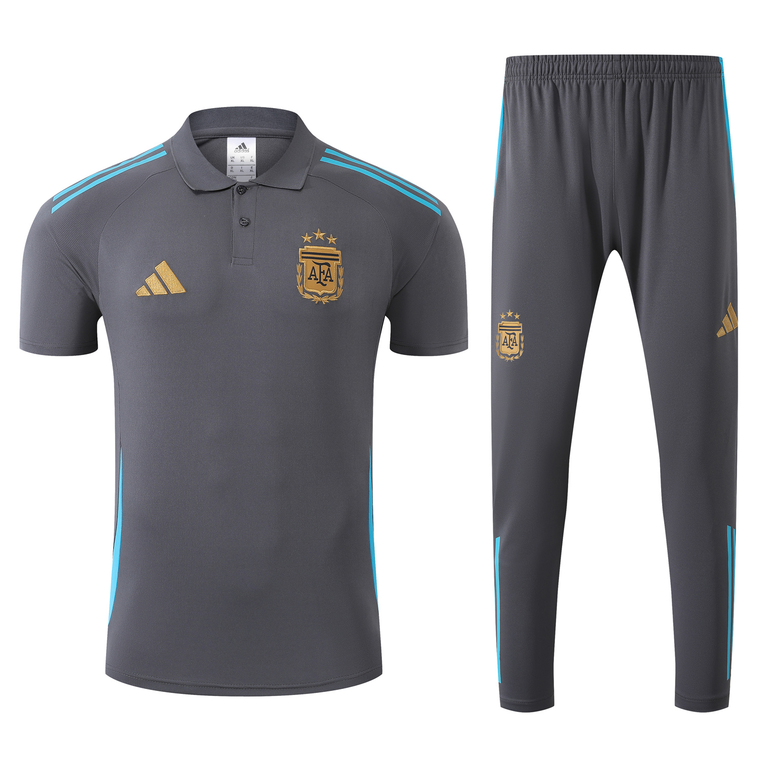 foot-Argentina 25-26 POLO Short-Sleeve Training Set - Grey Top and Pants with Blue Stripes