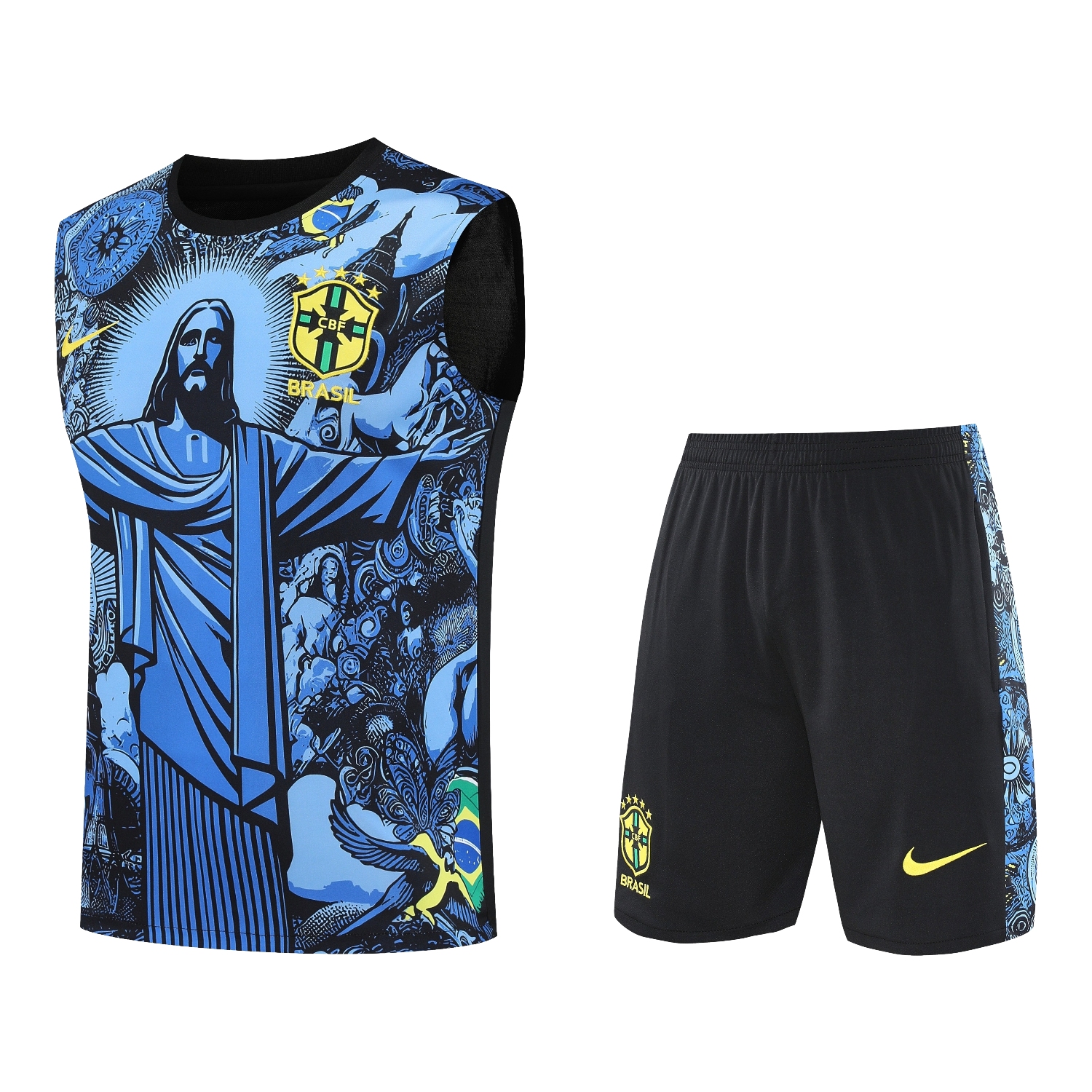 foot-Brazil 25-26 Blue Jesus Statue Vest Training Set - Blue Vest & Black Shorts