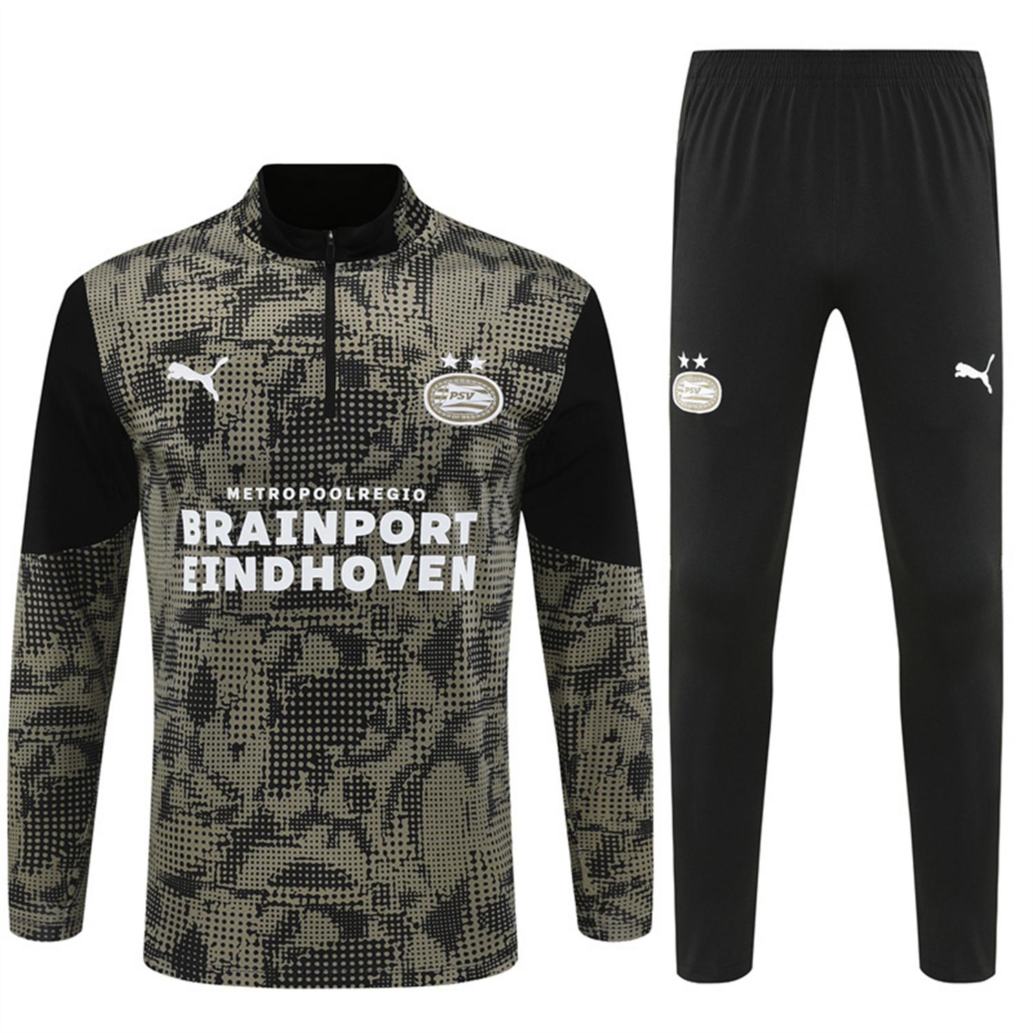 foot-PSV Eindhoven 25-26 Kids Long Sleeve Training Set - Army Green Top & Black Pants