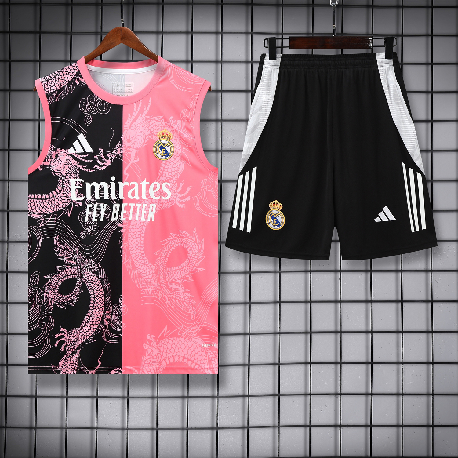 foot-Real Madrid 25-26 Vest Training Set - Pink-Black Dragon Vest & Black-White Shorts
