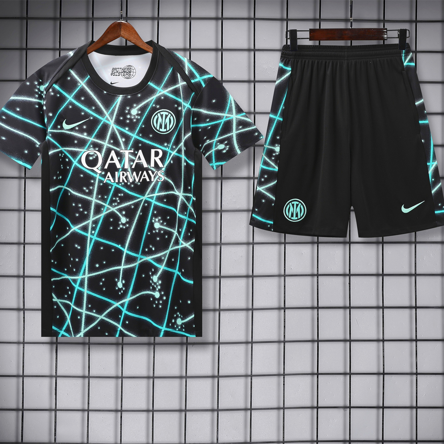 foot-Inter Milan 25-26 Short-Sleeve Training Set - Blue Fluorescent Rays Black Top & Black Shorts