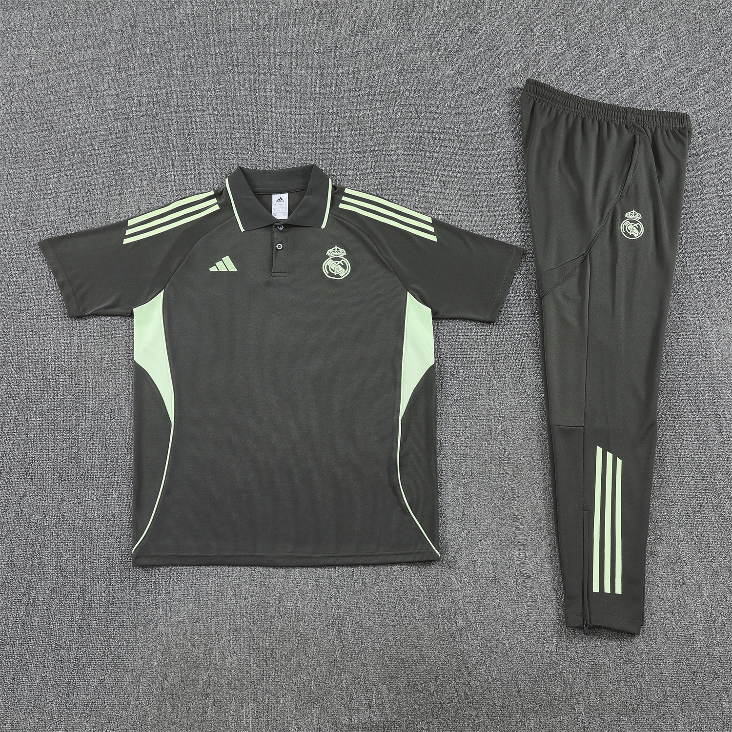 Unitedfootballkit.com | Real Madrid 25-26 POLO Short-Sleeve Training Set - Dark Grey Top and Pants -Customize Name, Number and Patch | Worldwide Shipping