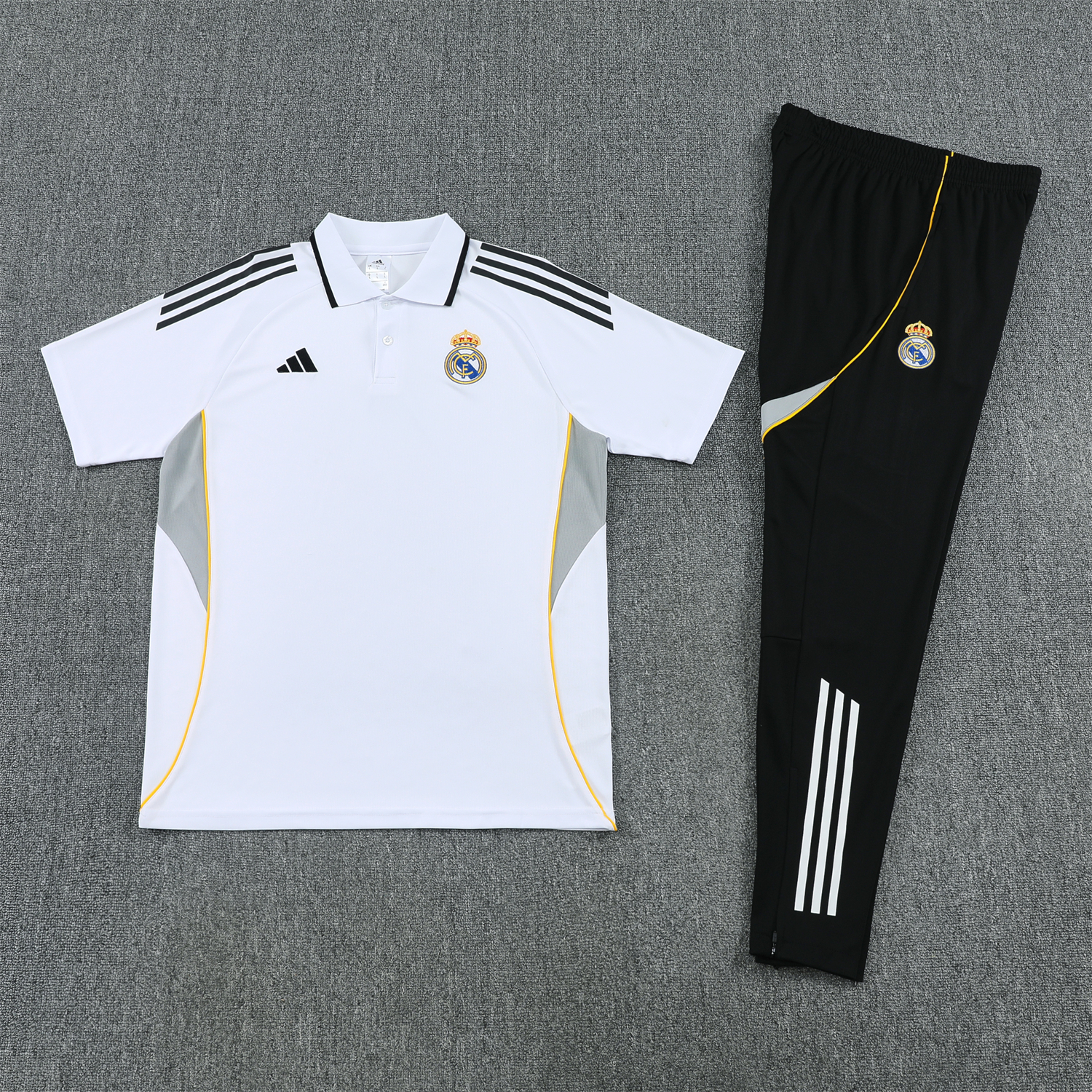 Unitedfootballkit.com | Real Madrid 25-26 POLO Short-Sleeve Training Set - White Top and Black Pants -Customize Name, Number and Patch | Worldwide Shipping