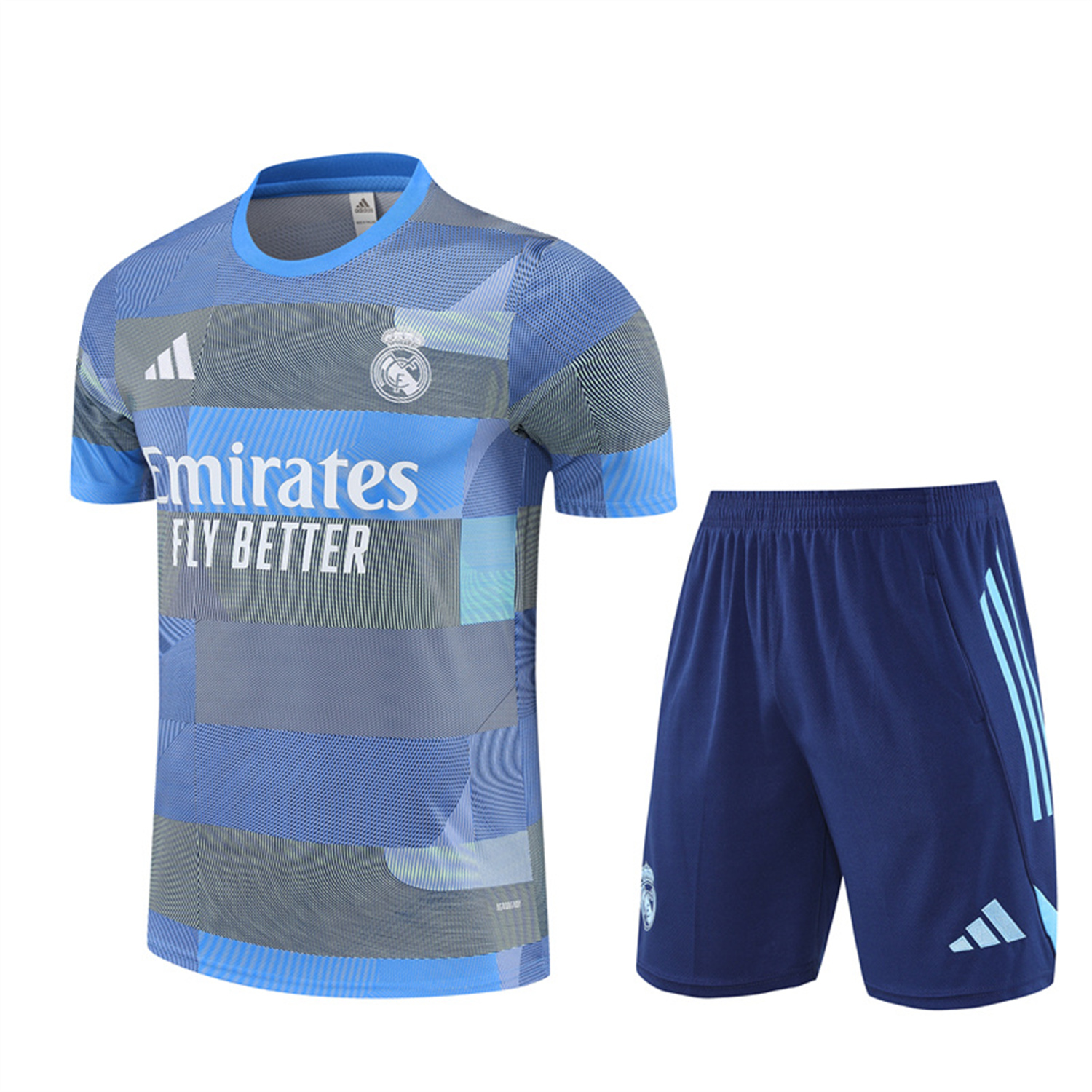 foot-Real Madrid 25-26 Pre-Match Short-Sleeve Training Set - Blue-Gray Camouflage Top and Blue Shorts
