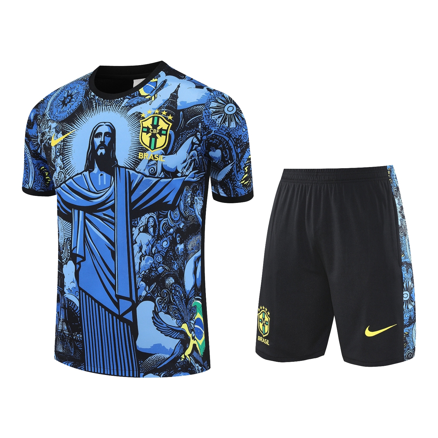foot-Brazil 25-26 Blue Jesus Statue Short-Sleeve Training Set - Blue Top & Black Shorts