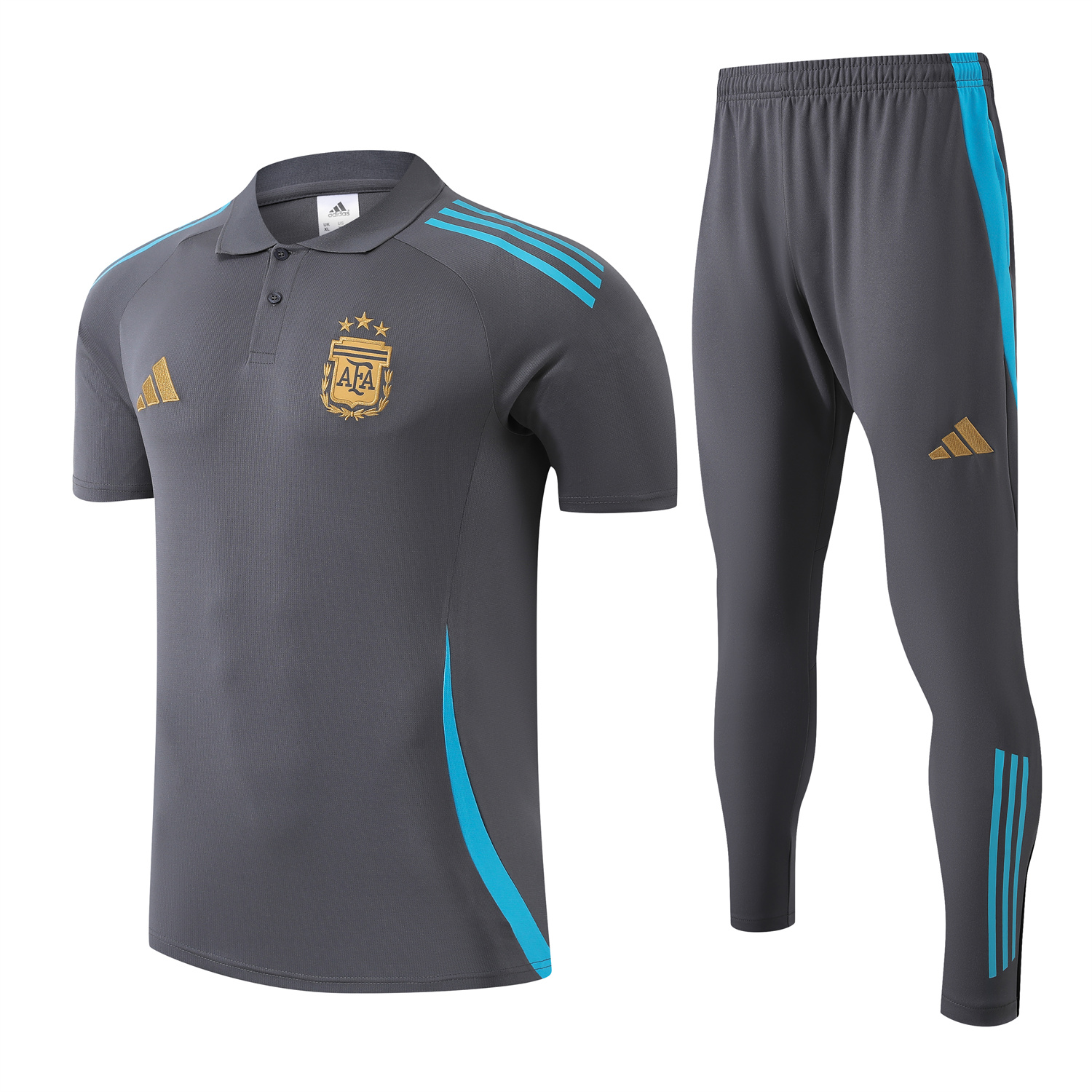 foot-Argentina 25-26 POLO Short-Sleeve Training Set - Grey Top and Pants with Blue Stripes