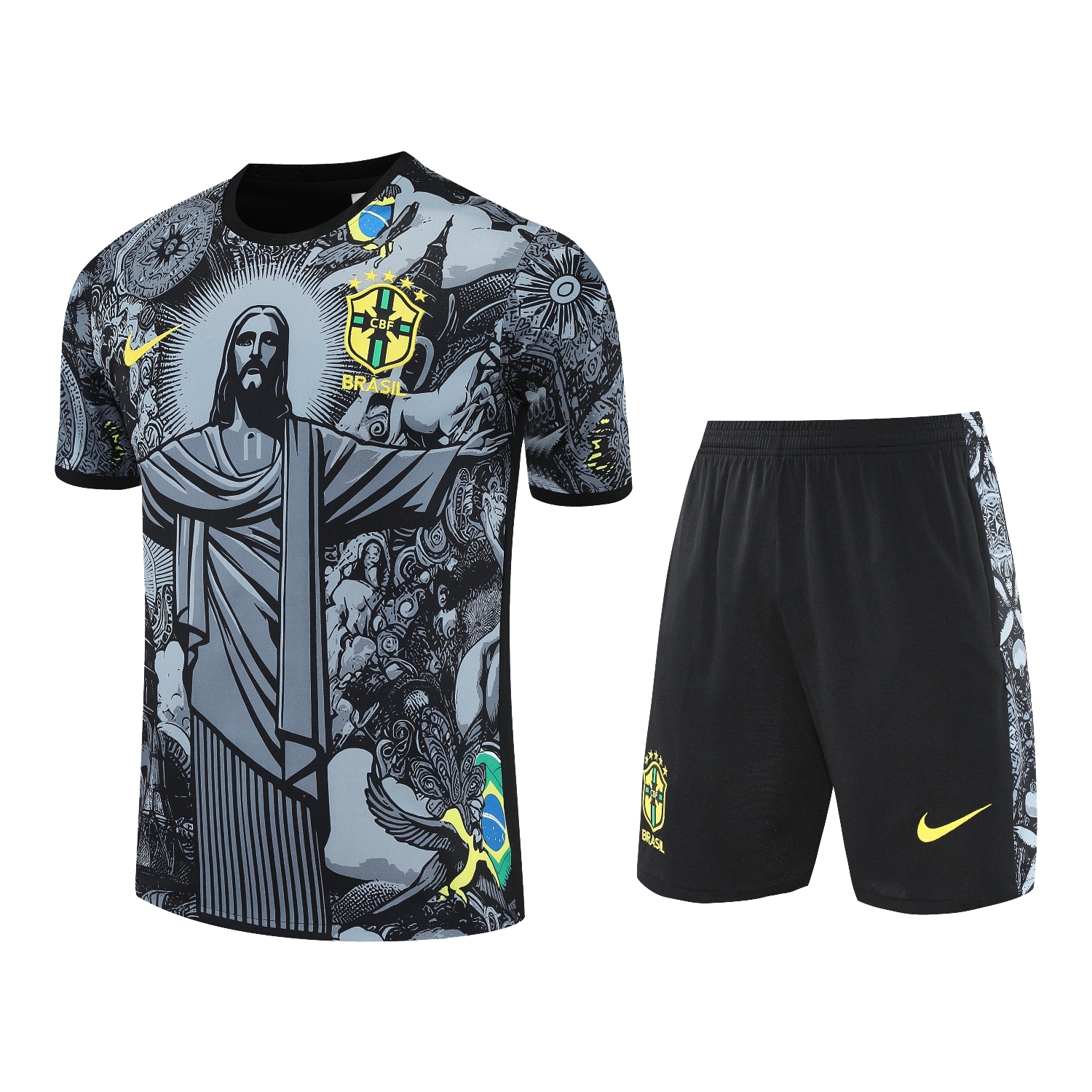 foot-Brazil 25-26 Gray Jesus Statue Short-Sleeve Training Set - Gray Top & Black Shorts