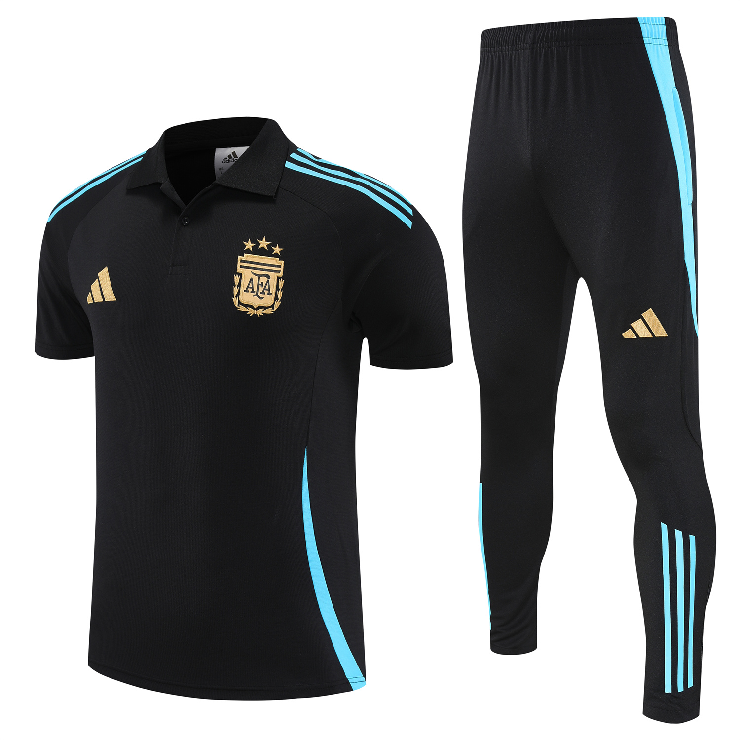 foot-Argentina 25-26 POLO Short-Sleeve Training Set - Deep Blue Top and Pants with Blue Stripes
