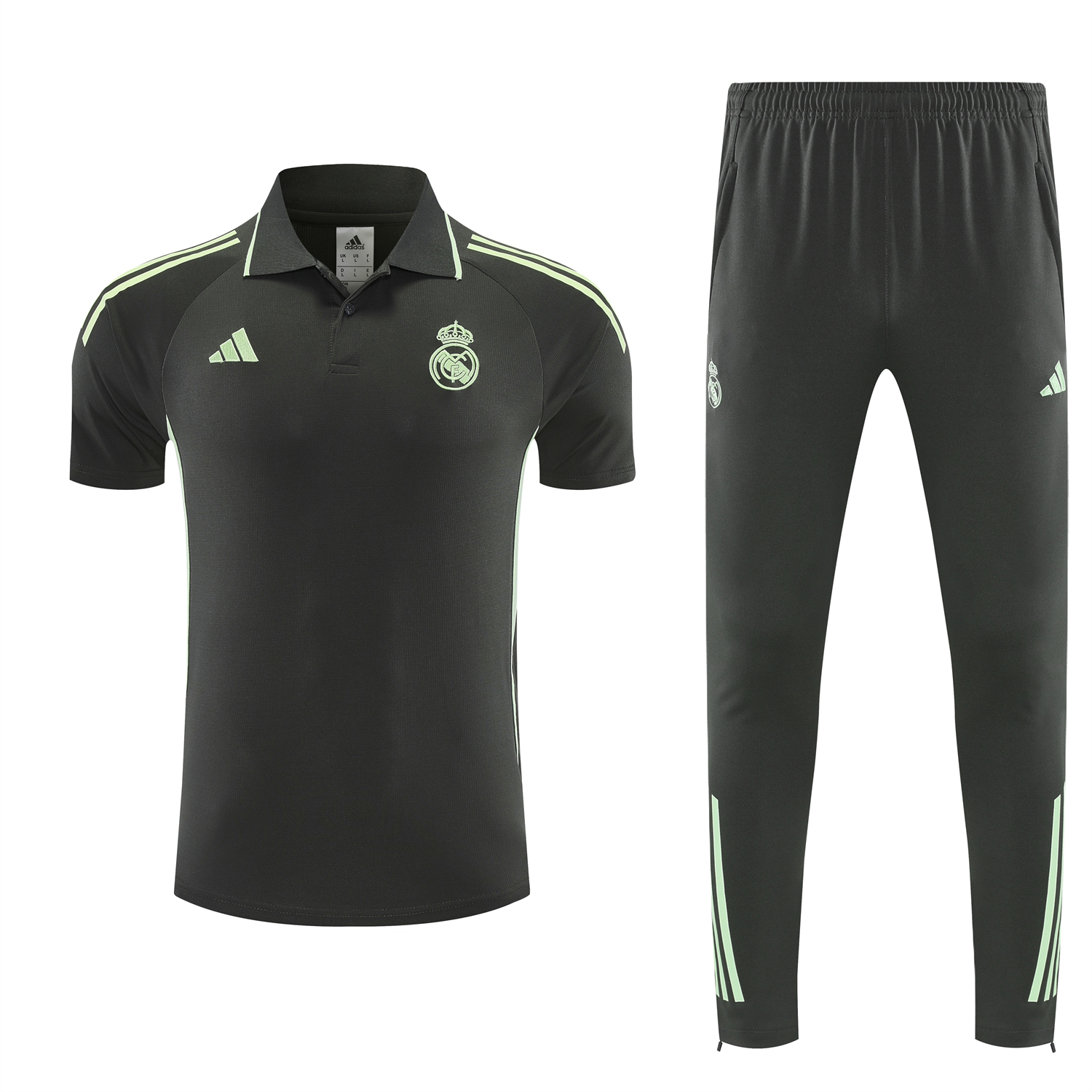 Unitedfootballkit.com | Real Madrid 25-26 POLO Short-Sleeve Training Set - Dark Grey Top and Pants -Customize Name, Number and Patch | Worldwide Shipping