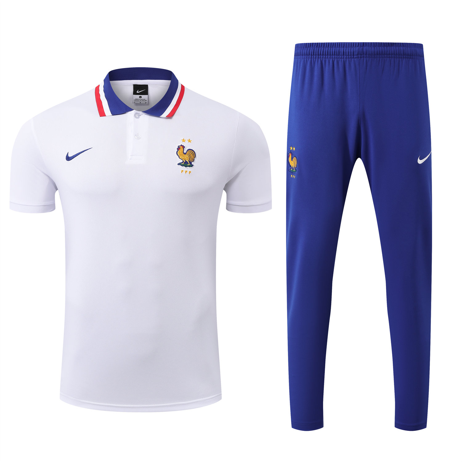 foot-France 25-26 POLO Short-Sleeve Training Set - White Top and Blue Pants