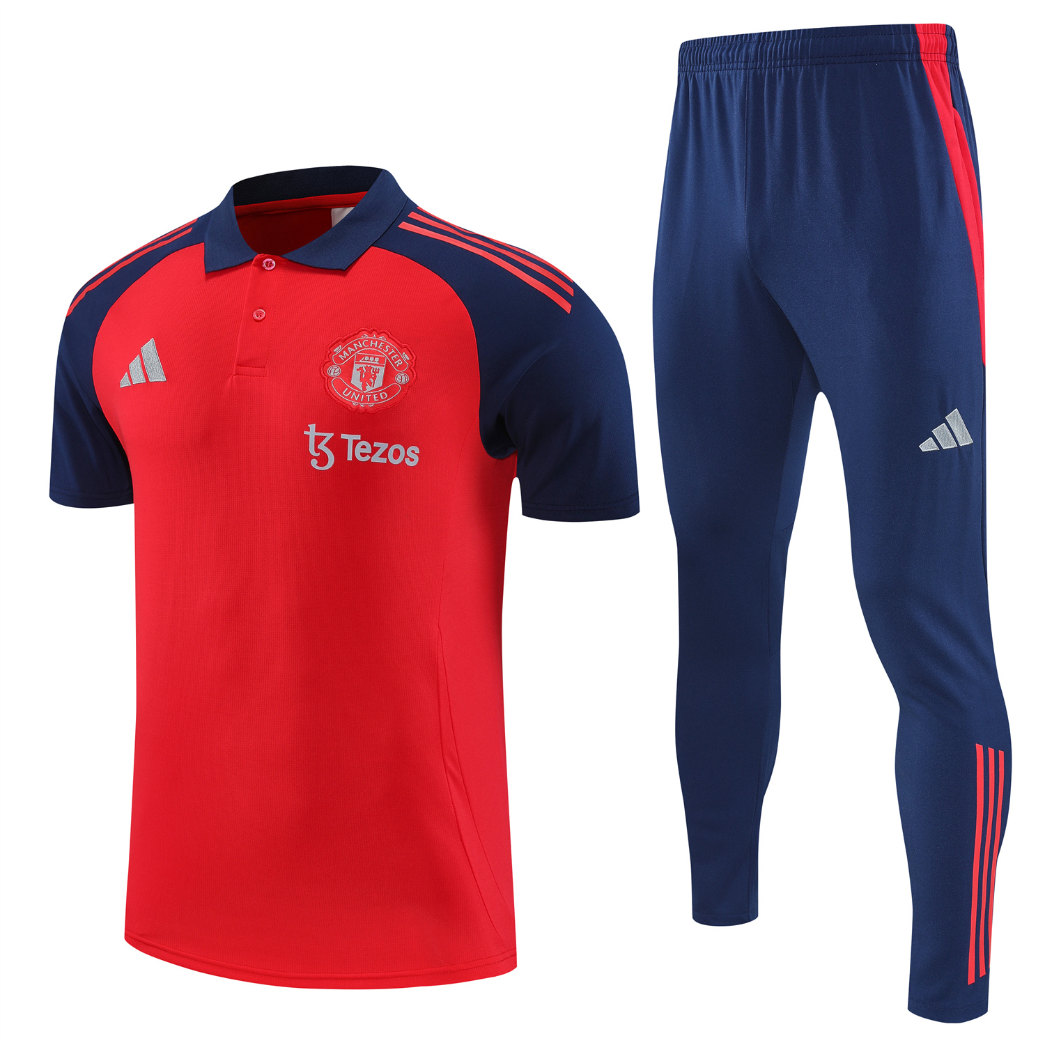 foot-Manchester United 25-26 POLO Short-Sleeve Training Set - Red Top and Deep Blue Pants