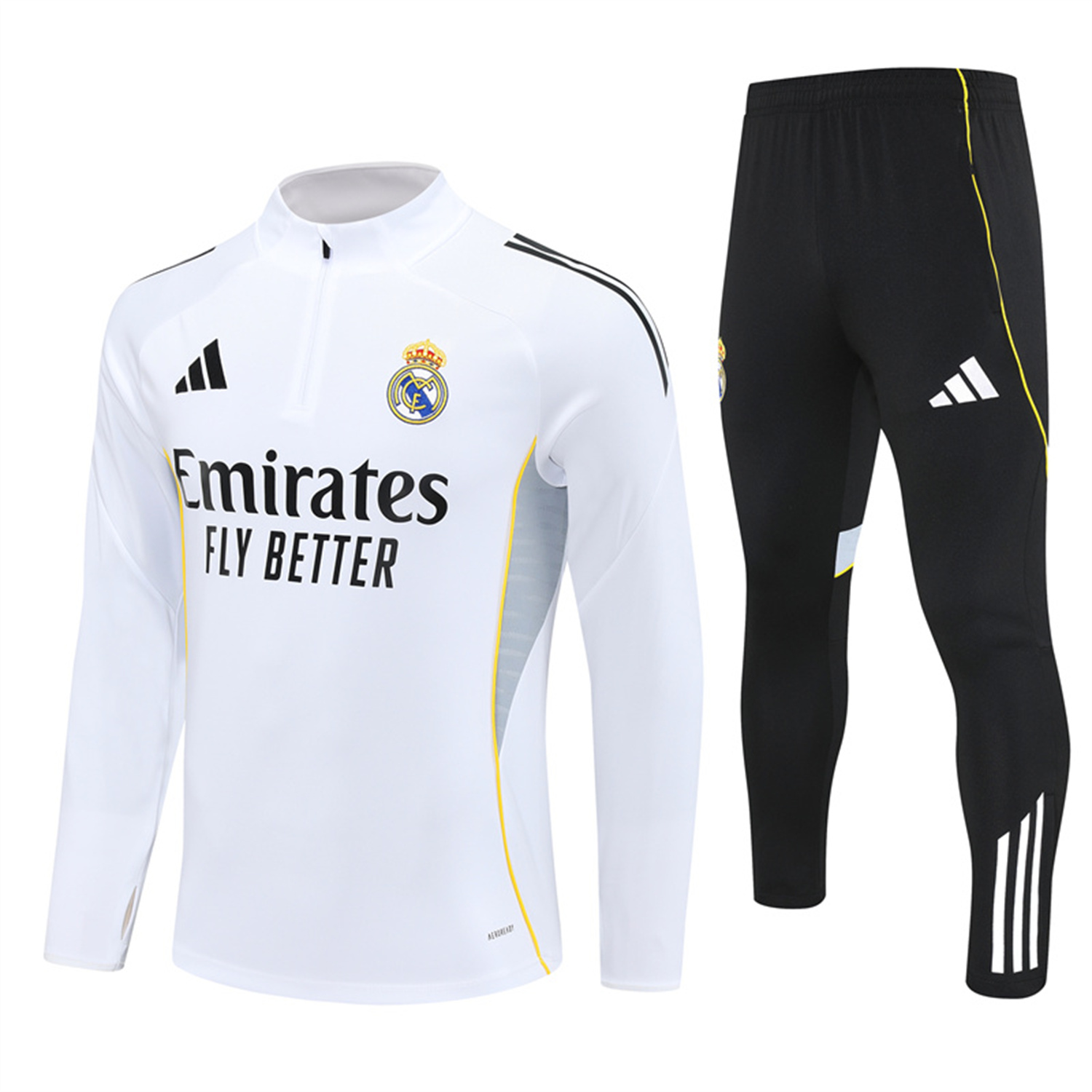 ManixJersey.com | Real Madrid 25-26 Long Sleeve Training Set - Yellow Line White Top and Black Shorts -Customize Name, Number and Patch | Worldwide Shipping