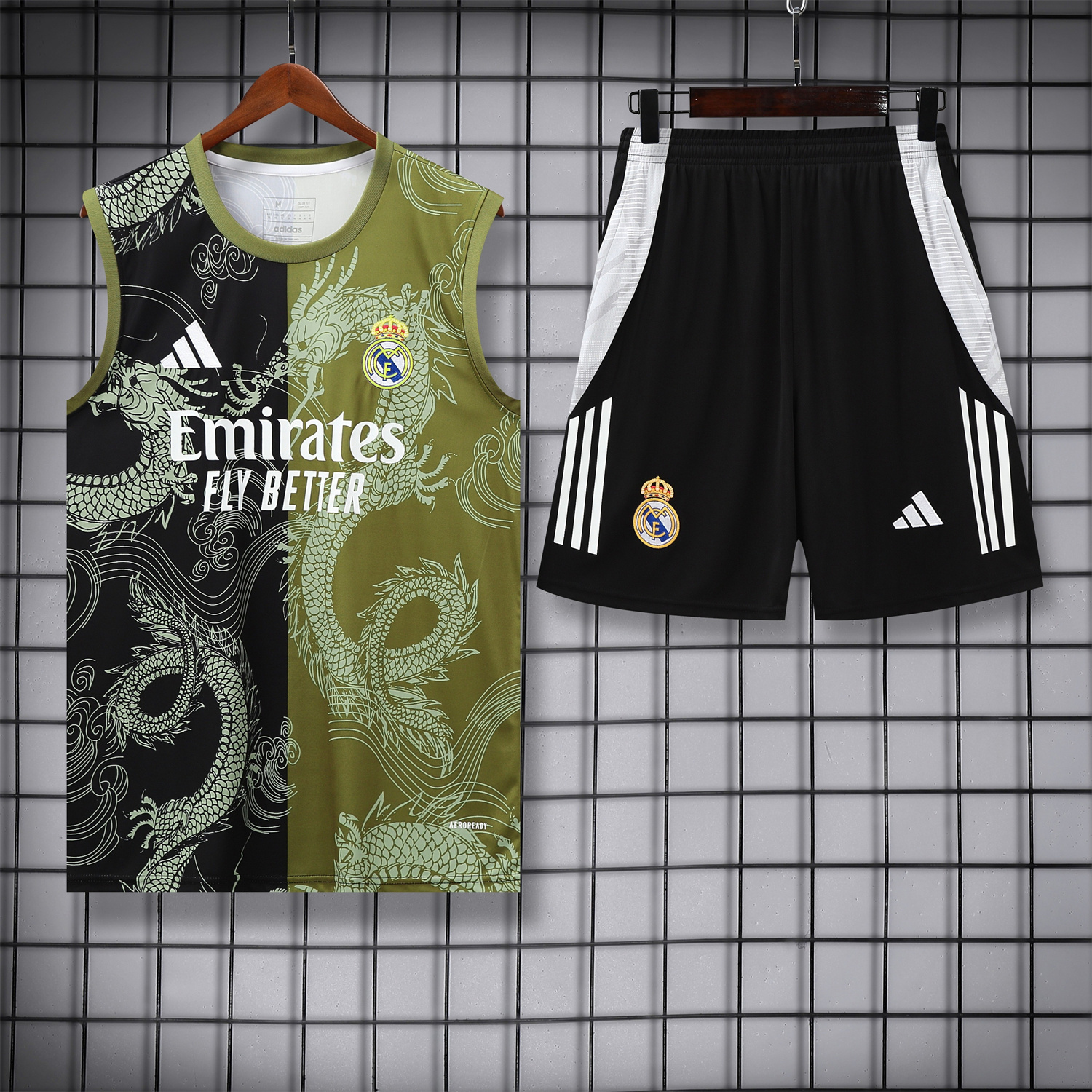 foot-Real Madrid 25-26 Vest Training Set - Green-Black Dragon Vest & Black-White Shorts