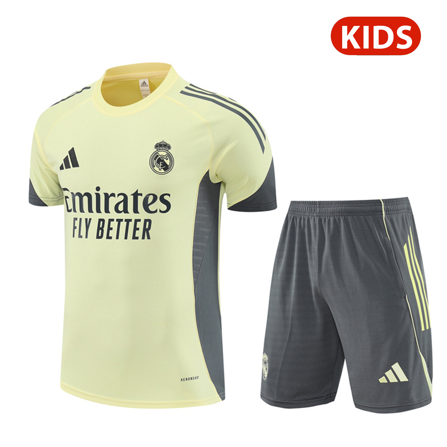 foot-Real Madrid 25-26 Kids Short-Sleeve Training Set - Yellow Top and Grey Shorts