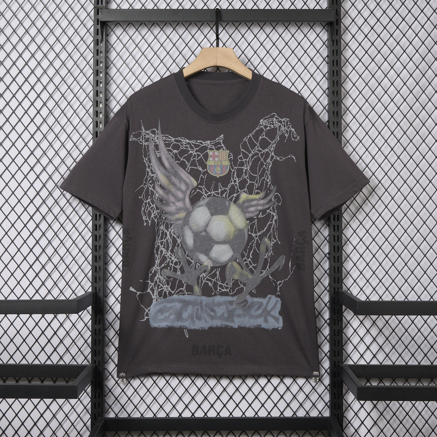 foot-Barcelona x Travis Scott 24-25 Football Eagle Pattern Dark Grey T-shirt