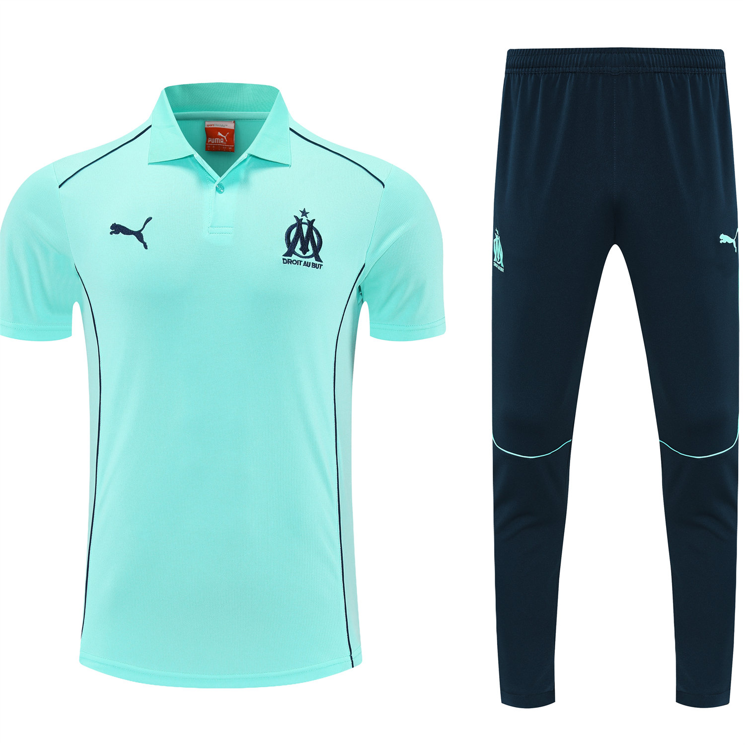 foot-Marseille 25-26 POLO Short-Sleeve Training Set - Cyan Top and Deep Blue Pants