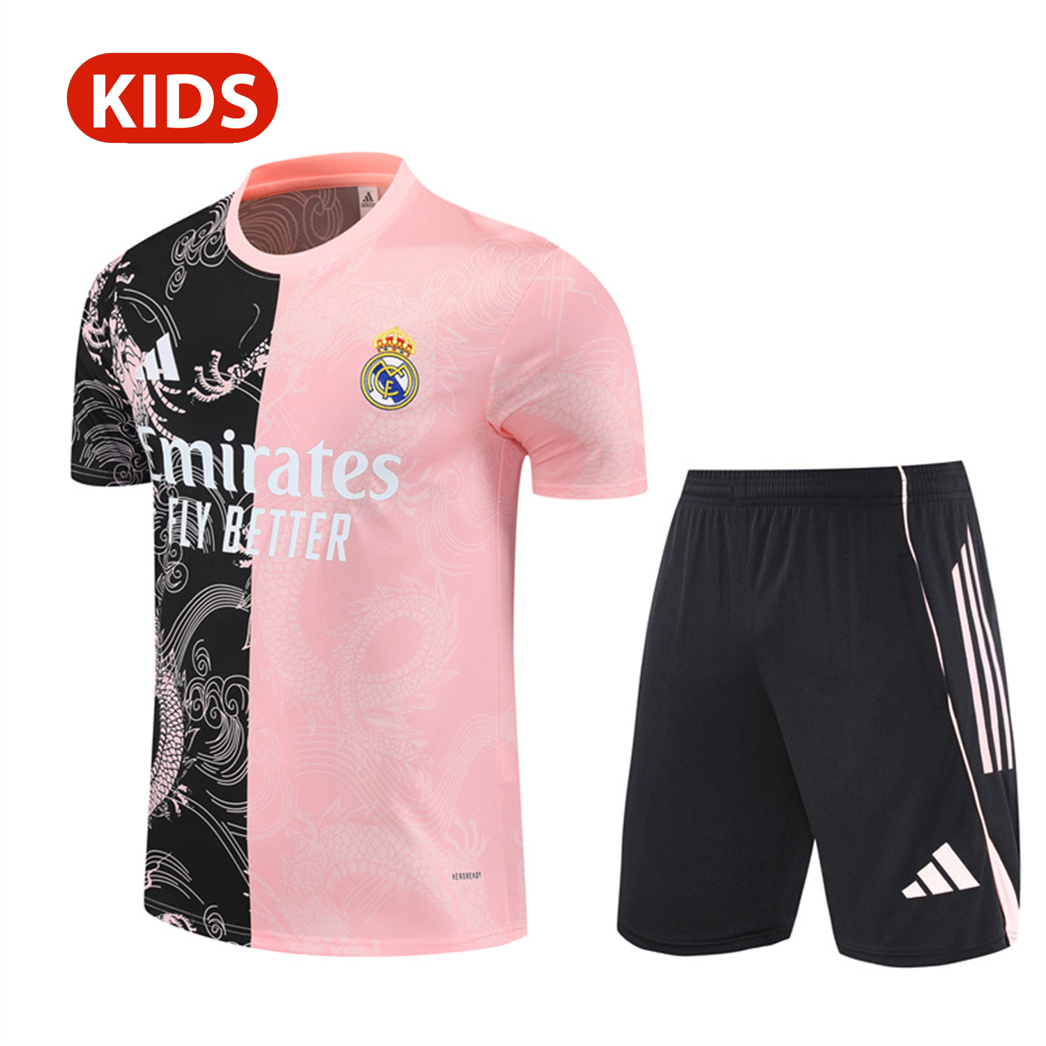 foot-Real Madrid 25-26 Kid Short-Sleeve Training Set - Pink Black Top & Black Shorts