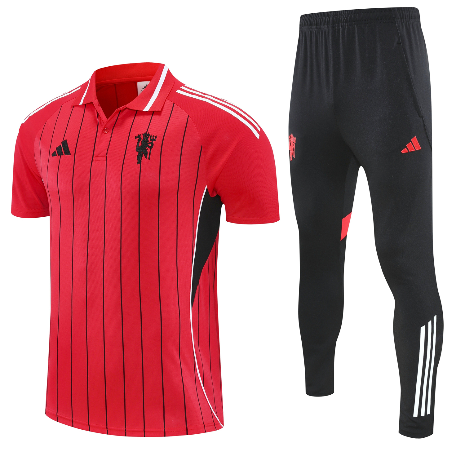 Unitedfootballkit.com | Manchester United 25-26 POLO Short-Sleeve Training Set - Red Top and Black Pants -Customize Name, Number and Patch | Worldwide Shipping