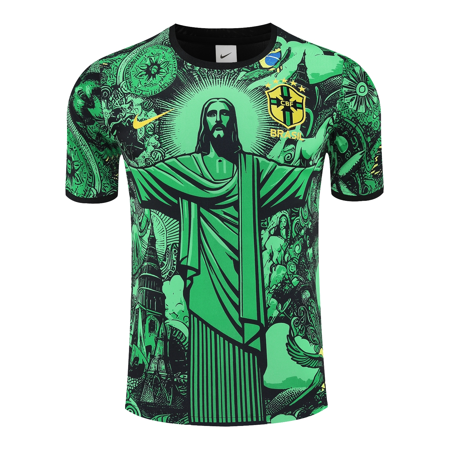 foot-Brazil 25-26 Green Jesus Statue Short-Sleeve Training Set - Green Top & Black Shorts