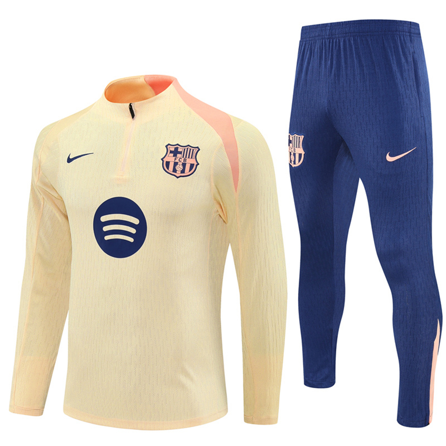 foot-Barcelona 25-26 Long Sleeve Training Set - Player Version - Light Yellow Top and Blue Pants