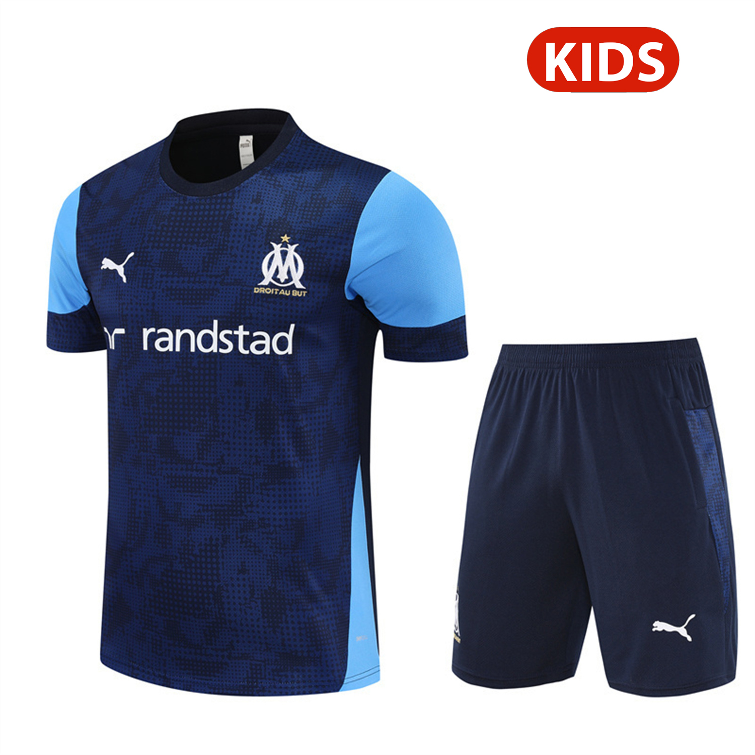 foot-Marseille 25-26 Kids Short-Sleeve Training Set - Royal Blue Top & Royal Blue Shorts