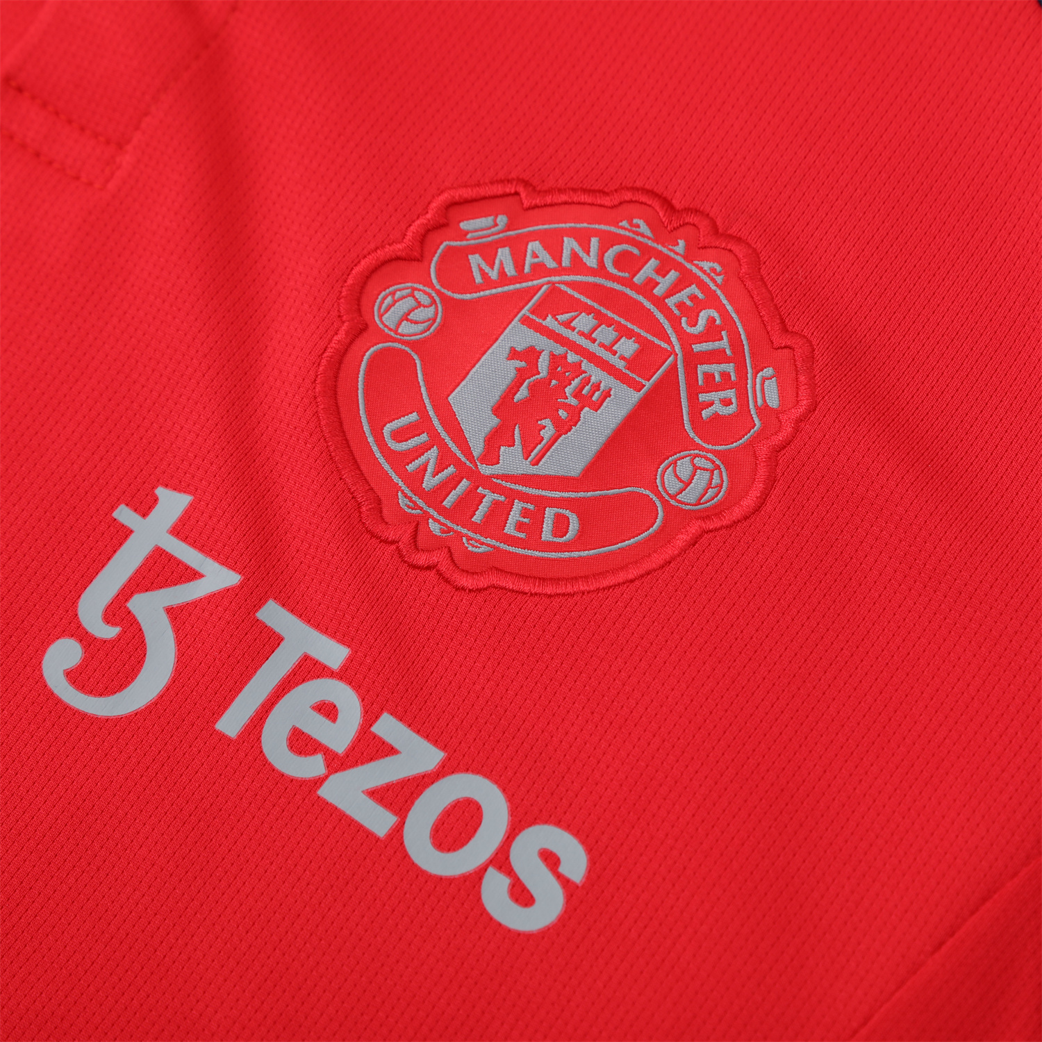 foot-Manchester United 25-26 POLO Short-Sleeve Training Set - Red Top and Deep Blue Pants