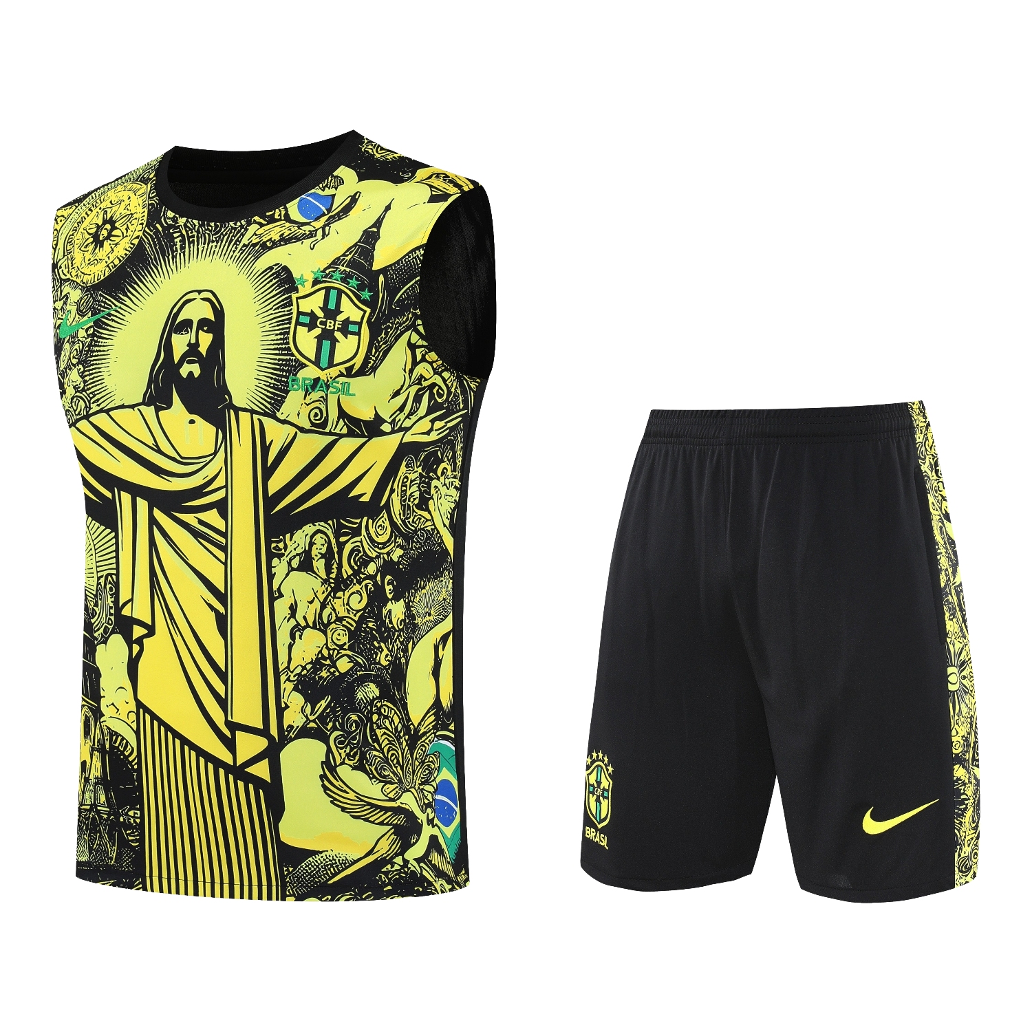 foot-Brazil 25-26 Yellow Jesus Statue Vest Training Set - Yellow Vest & Black Shorts
