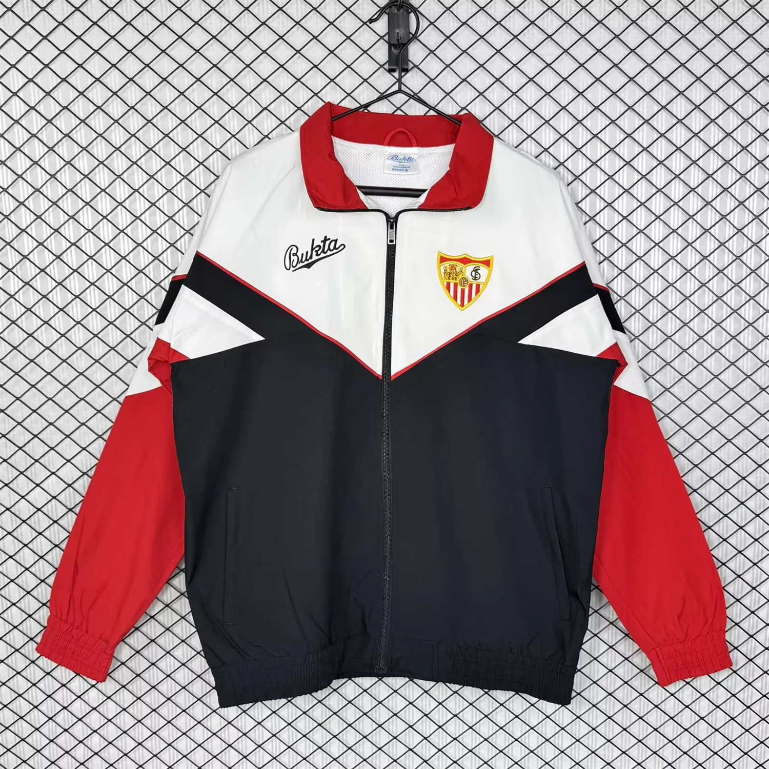 ManixJersey.com | Retro Sevilla 1992-93 Home Windbreaker Jacket - Black And Red -Customize Name, Number and Patch | Worldwide Shipping