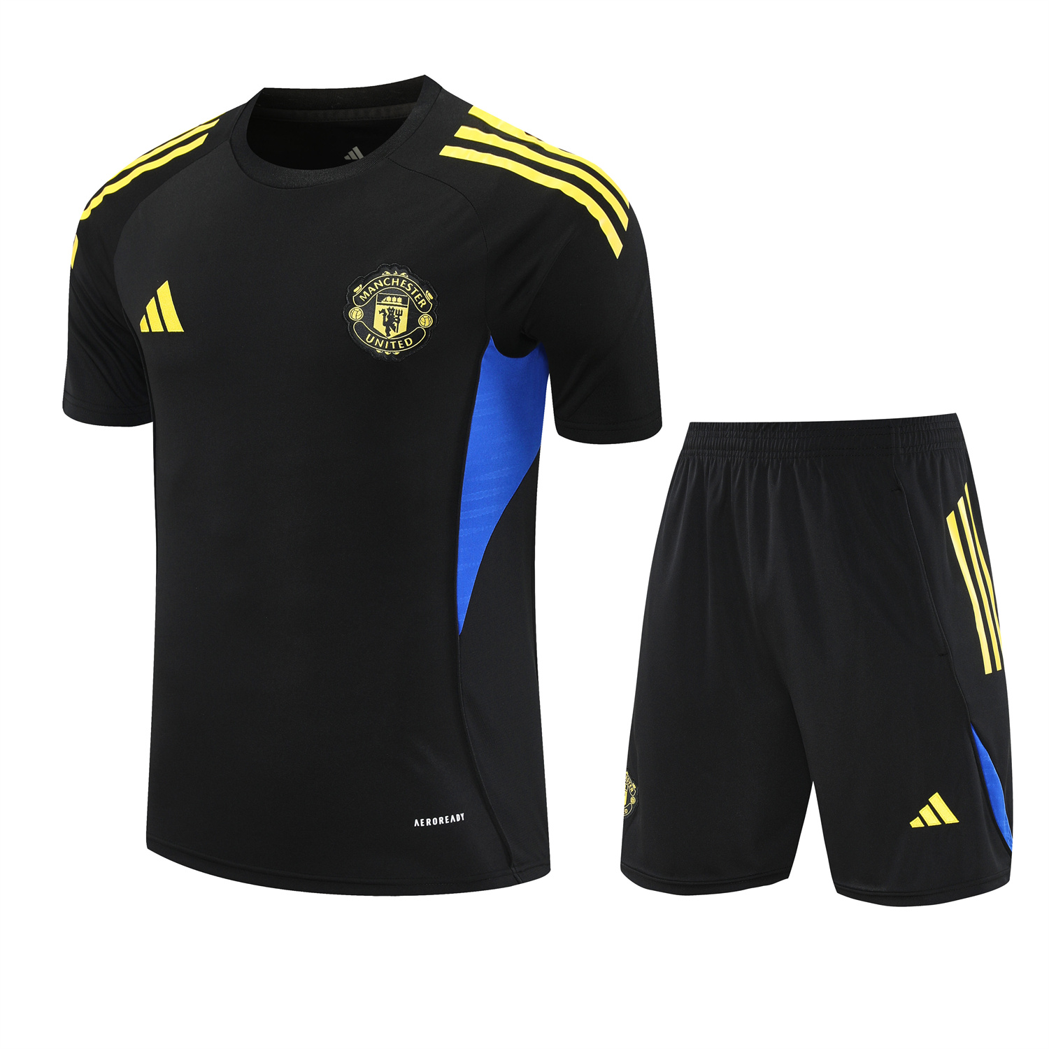 foot-Manchester United 25-26 Short-Sleeve Training Set - Yellow Lines Black Top & Black Shorts
