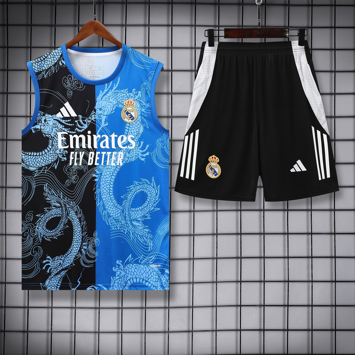 foot-Real Madrid 25-26 Vest Training Set - Blue Black Dragon Vest & Black-White Shorts