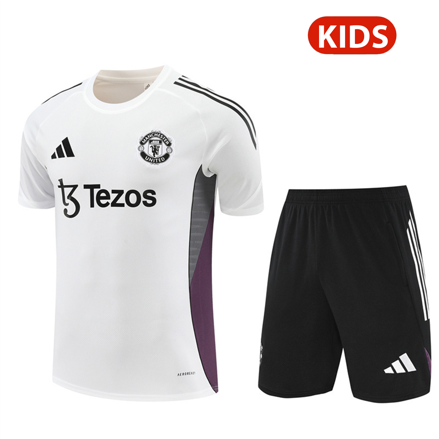 foot-Manchester United 25-26 Kids Short-Sleeve Training Set - White Purple Top & Black Shorts