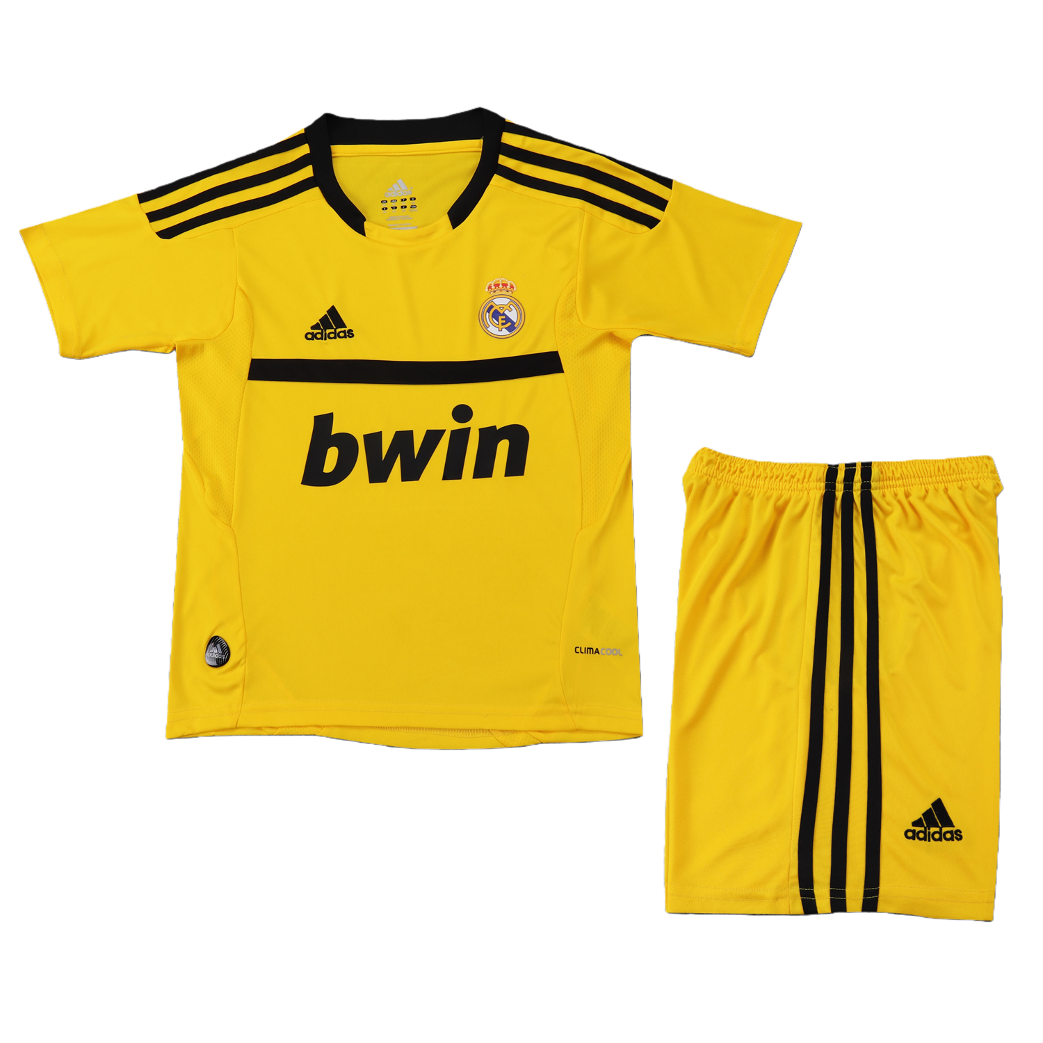 Unitedfootballkit.com | Retro Real Madrid 2011-12 Yellow Goalkeeper Kids Kit -Customize Name, Number and Patch | Worldwide Shipping