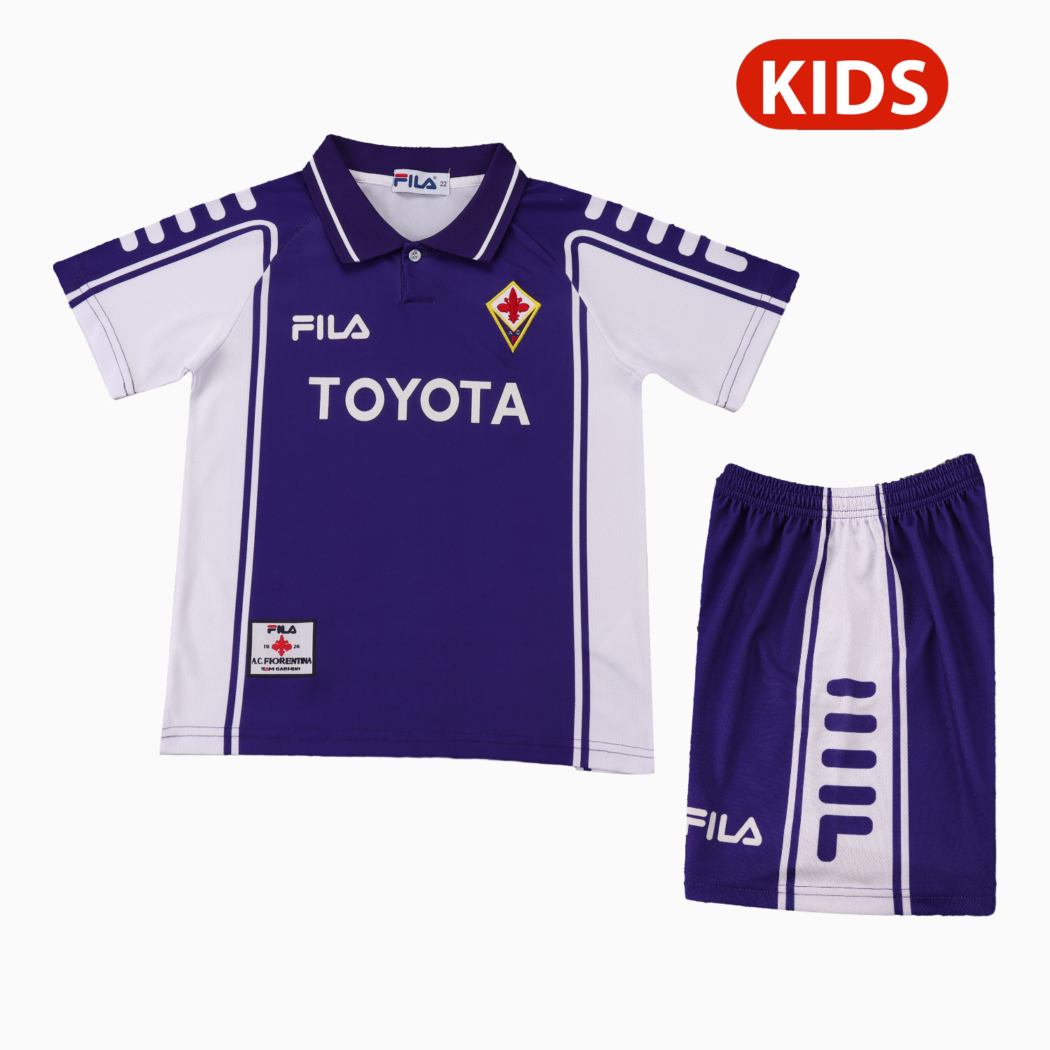 Unitedfootballkit.com | Retro Fiorentina 1999-00 Home Kids Kit -Customize Name, Number and Patch | Worldwide Shipping