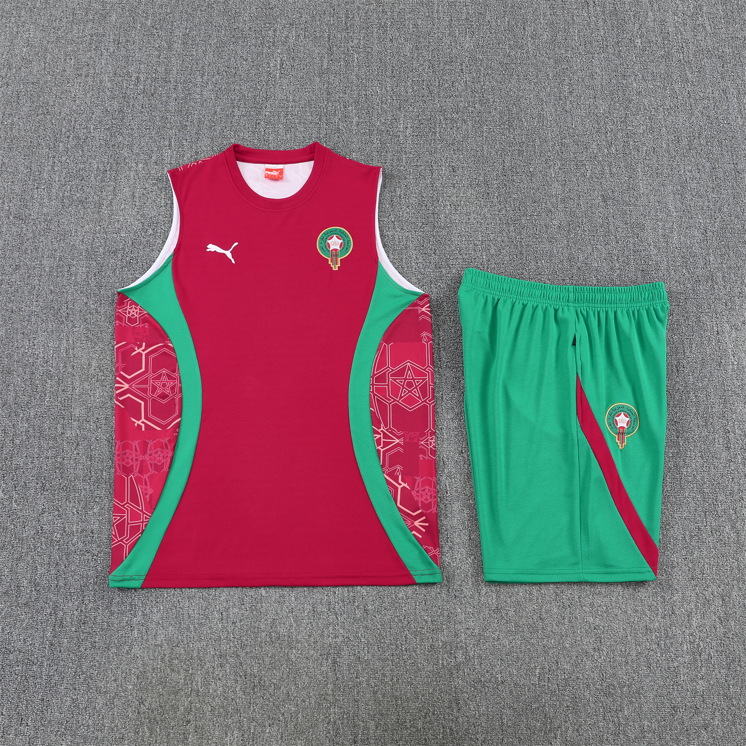 Unitedfootballkit.com | Morocco 2026 Vest Training Set - Red Top and Green Shorts -Customize Name, Number and Patch | Worldwide Shipping