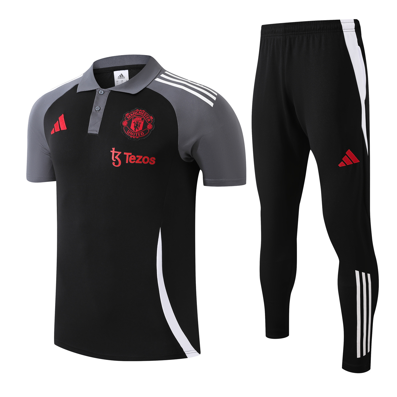 foot-Manchester United 25-26 POLO Short-Sleeve Training Set - Black Top and Pants with White Stripes