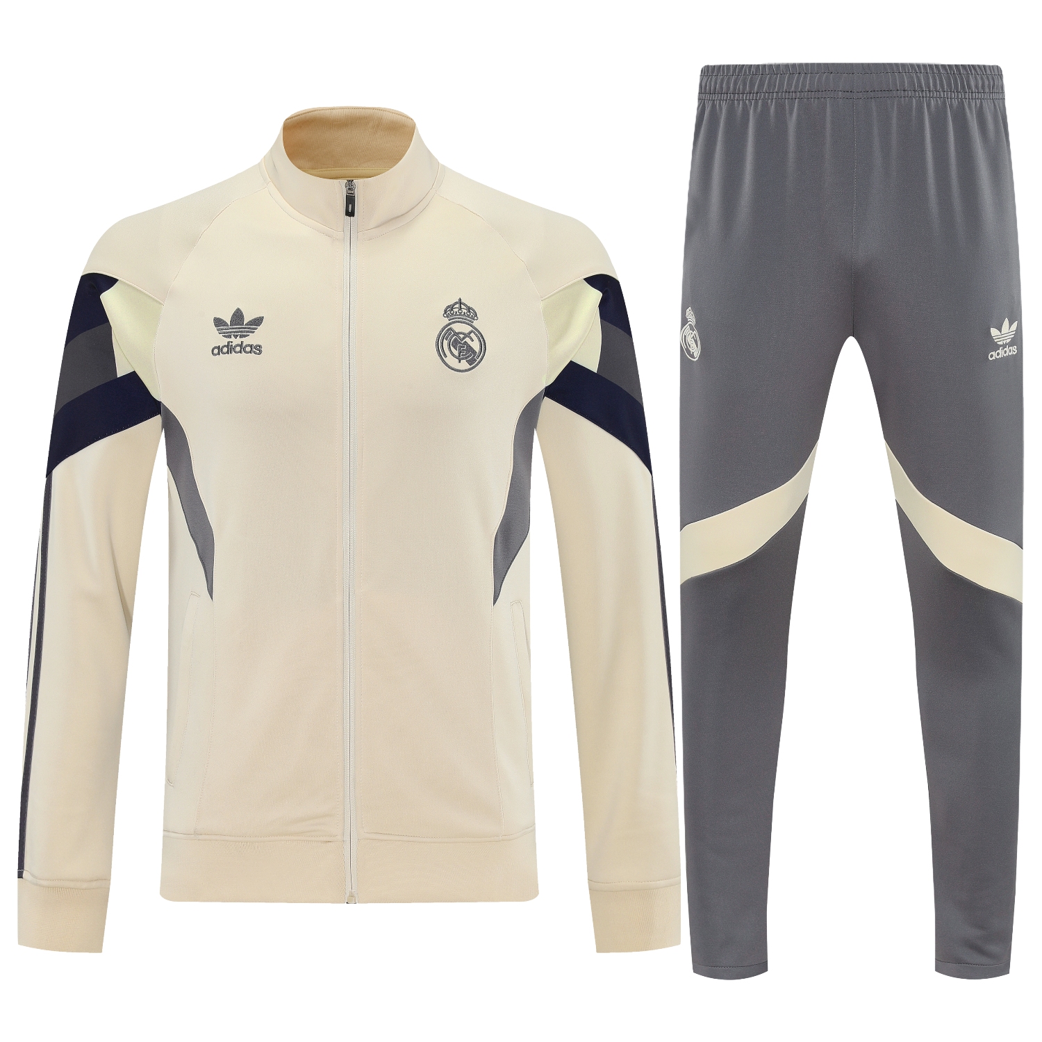 foot-Real Madrid 25-26 Throwback Jacket Training Tracksuit - Off-white Jackets & Grey Pants