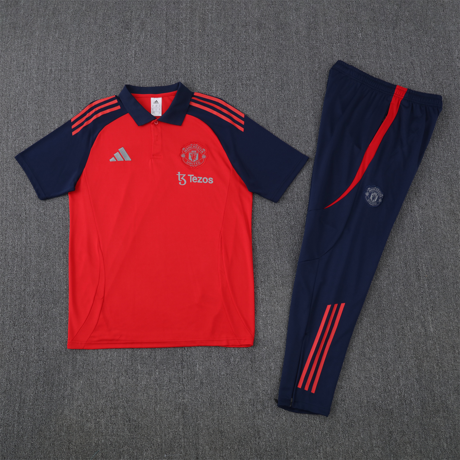 foot-Manchester United 25-26 POLO Short-Sleeve Training Set - Red Top and Deep Blue Pants