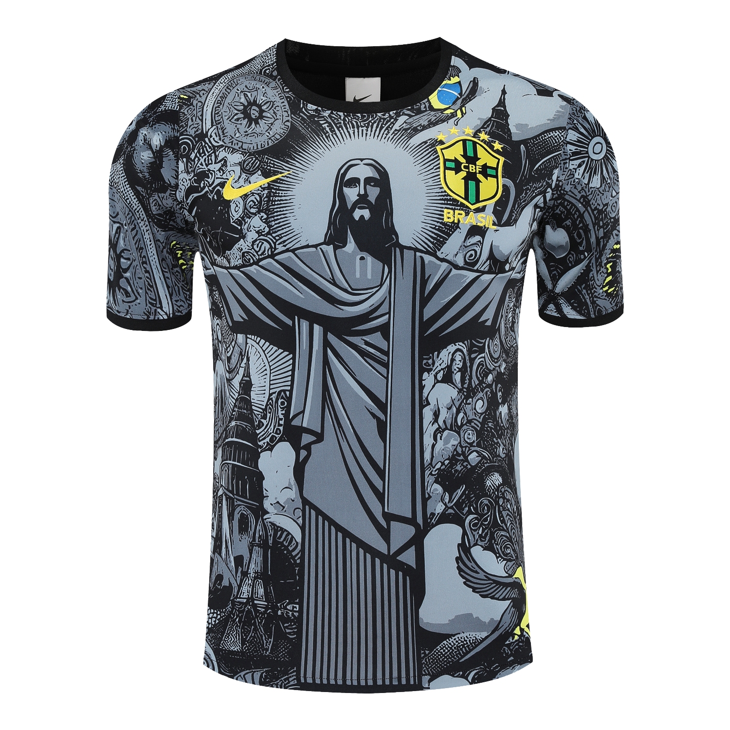 foot-Brazil 25-26 Gray Jesus Statue Short-Sleeve Training Set - Gray Top & Black Shorts