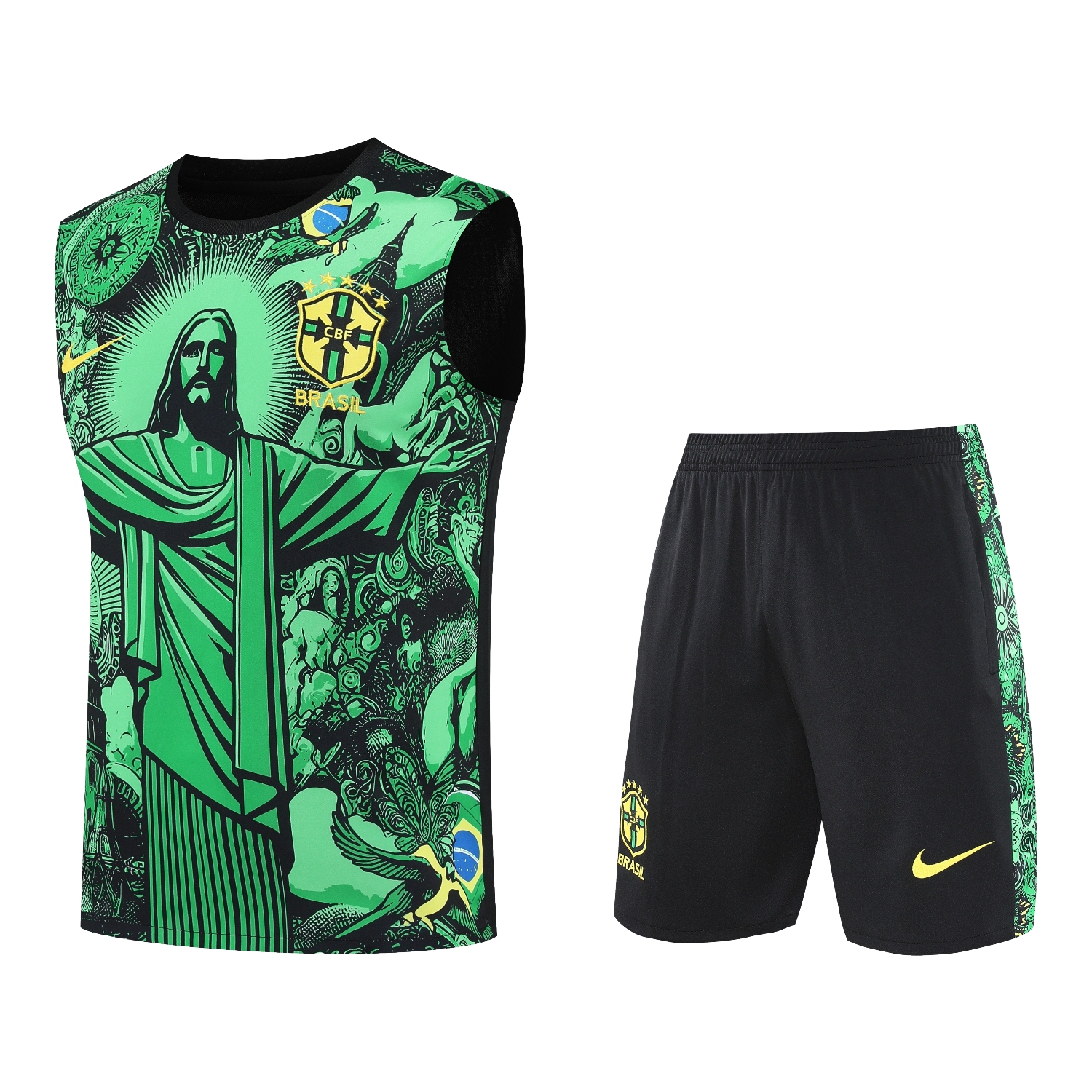 foot-Brazil 25-26 Green Jesus Statue Vest Training Set - Green Vest & Black Shorts