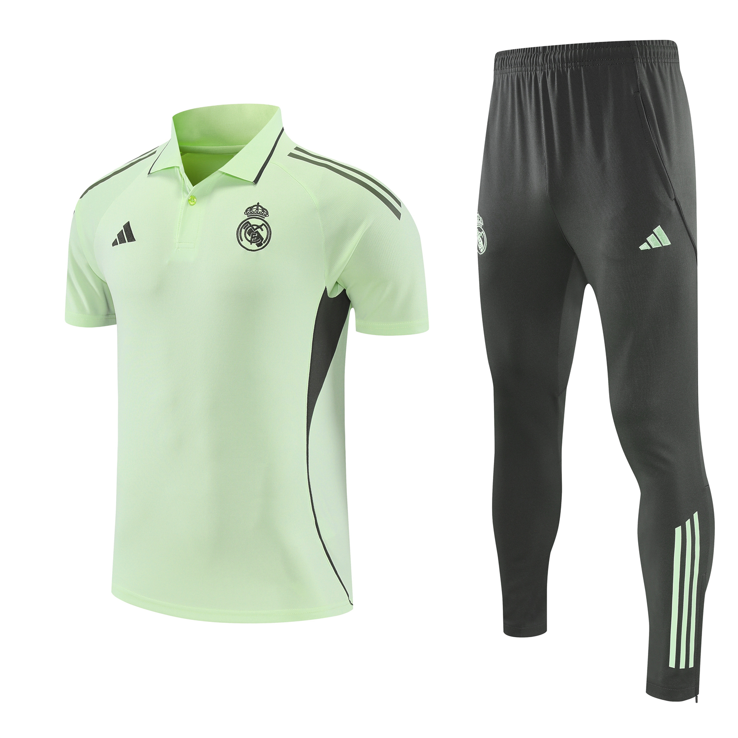 Unitedfootballkit.com | Real Madrid 25-26 POLO Short-Sleeve Training Set - Light Green Top and Dark Grey Pants -Customize Name, Number and Patch | Worldwide Shipping
