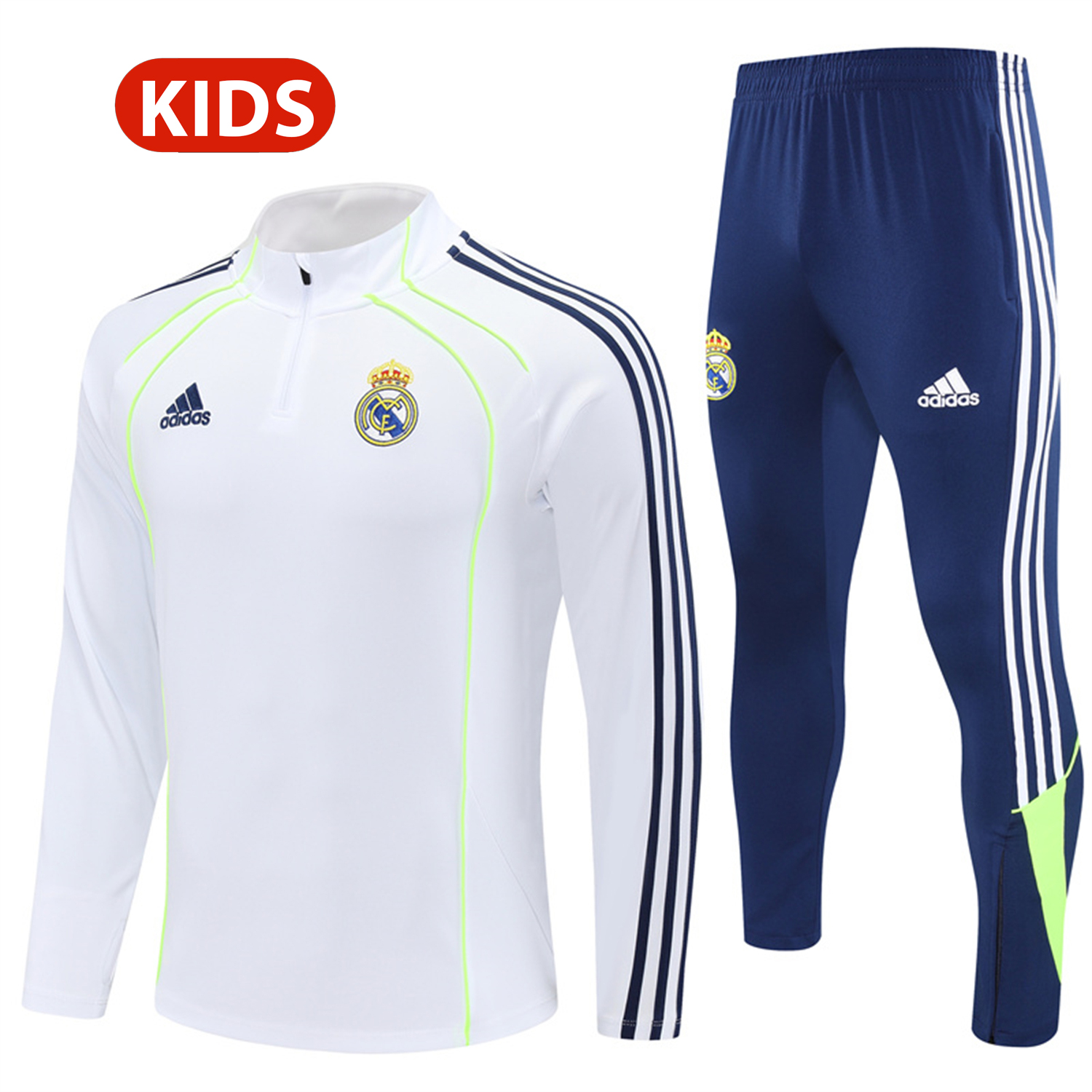 foot-Real Madrid 25-26 Kids Long Sleeves Training Set - Green Line White Top and Blue Pants
