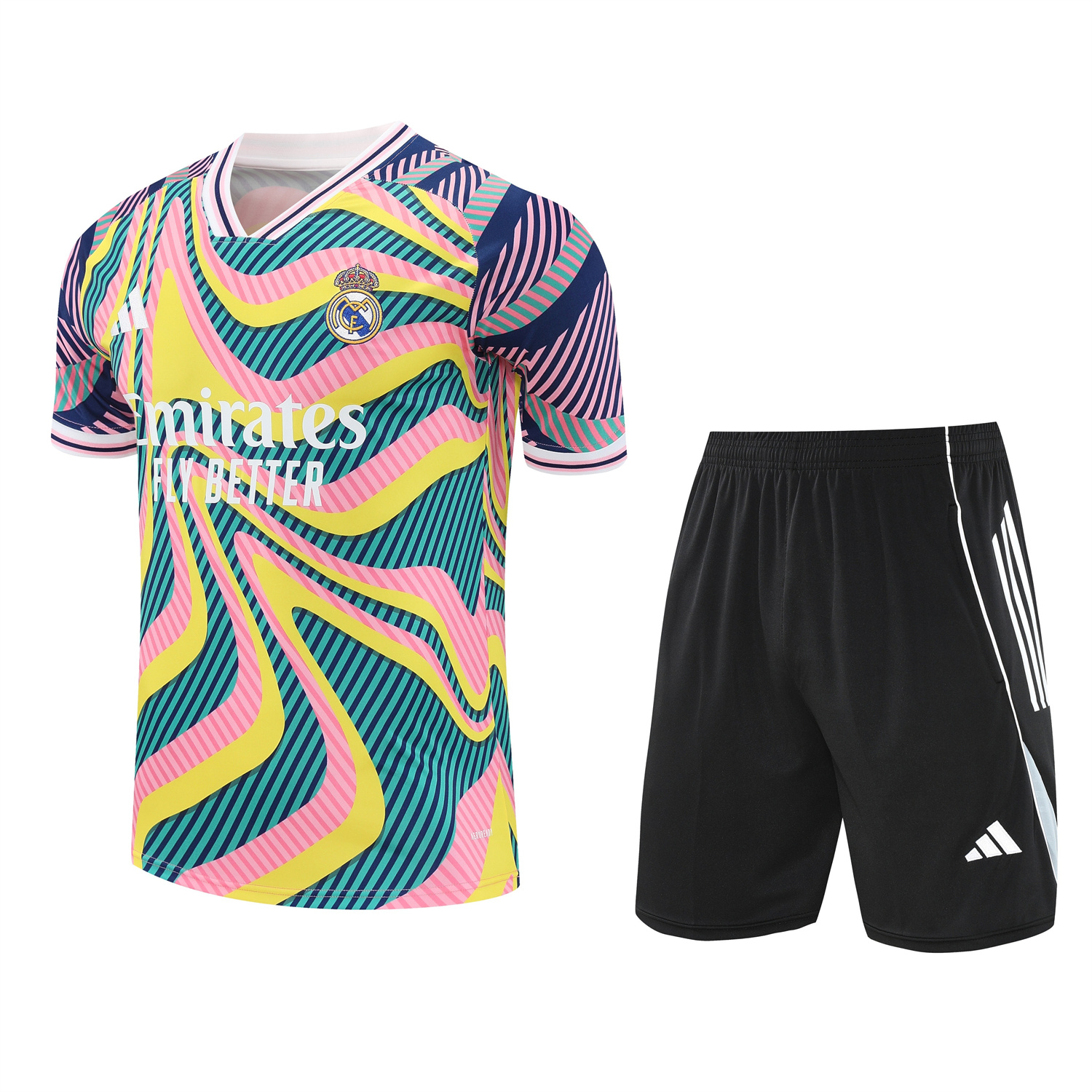 foot-Real Madrid 25-26 Short-Sleeve Training Set - Colorful Curve Pattern Top & Black Shorts