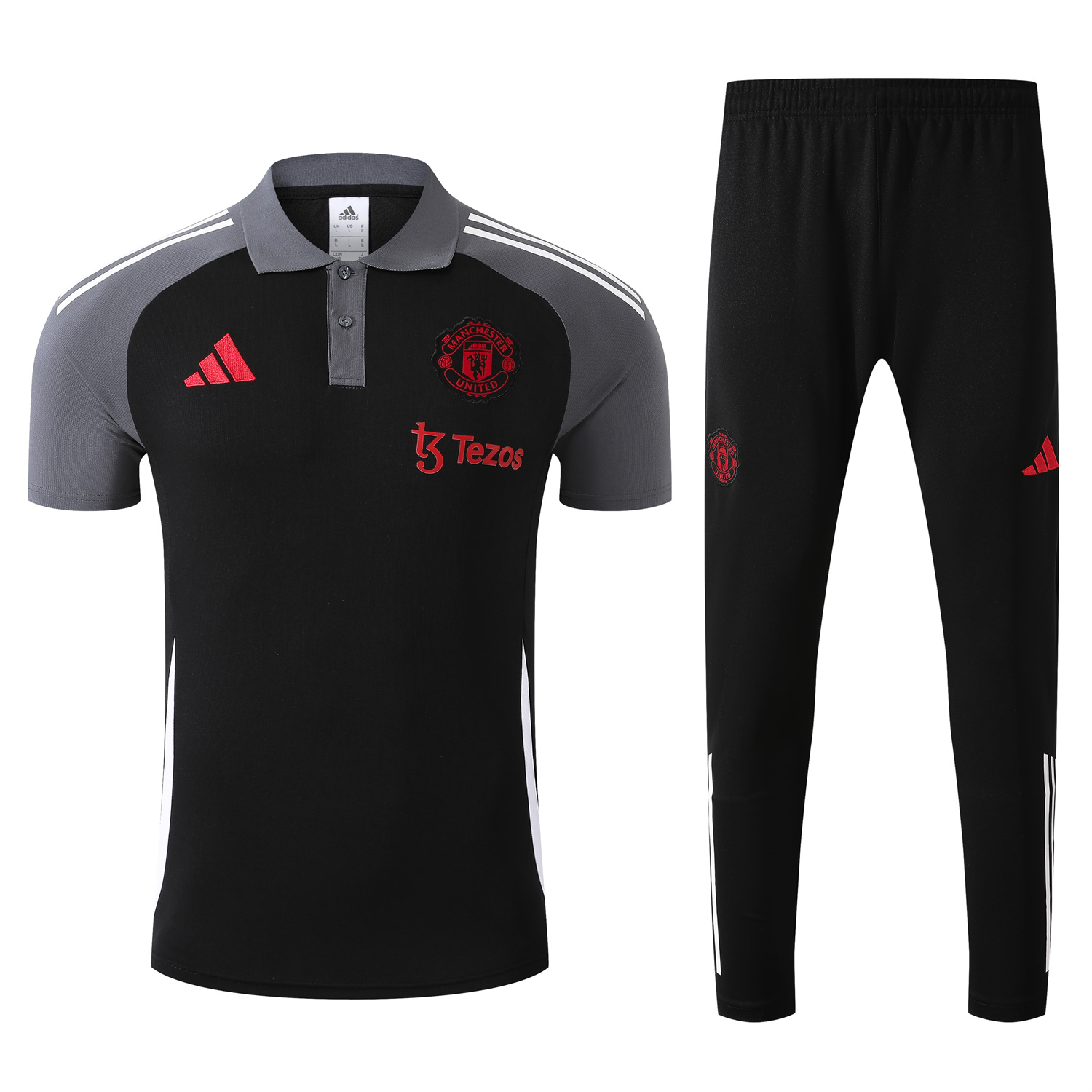 foot-Manchester United 25-26 POLO Short-Sleeve Training Set - Black Top and Pants with White Stripes