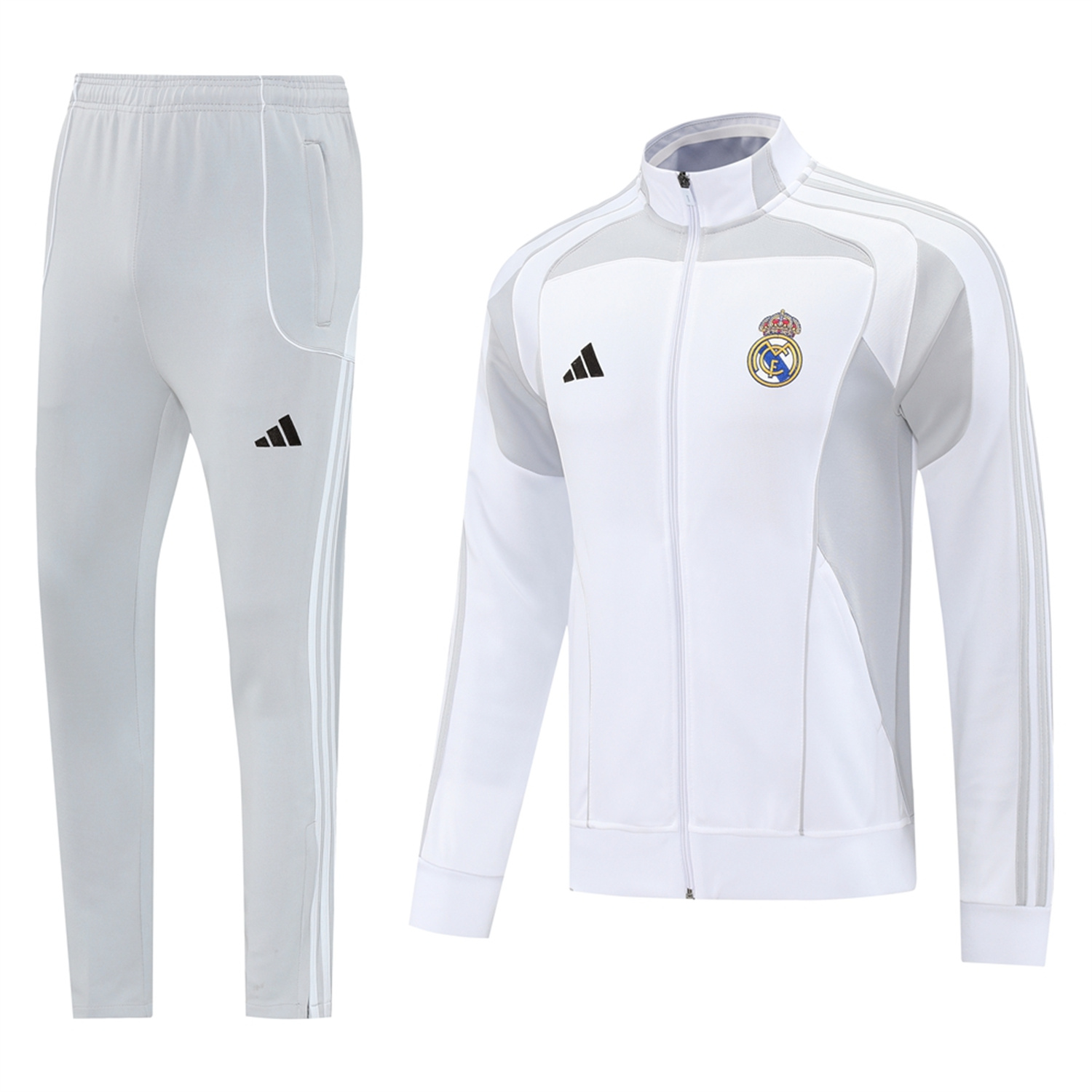 foot-Real Madrid 25-26 Jacket Training Tracksuit - White Jackets & Light Grey Pants