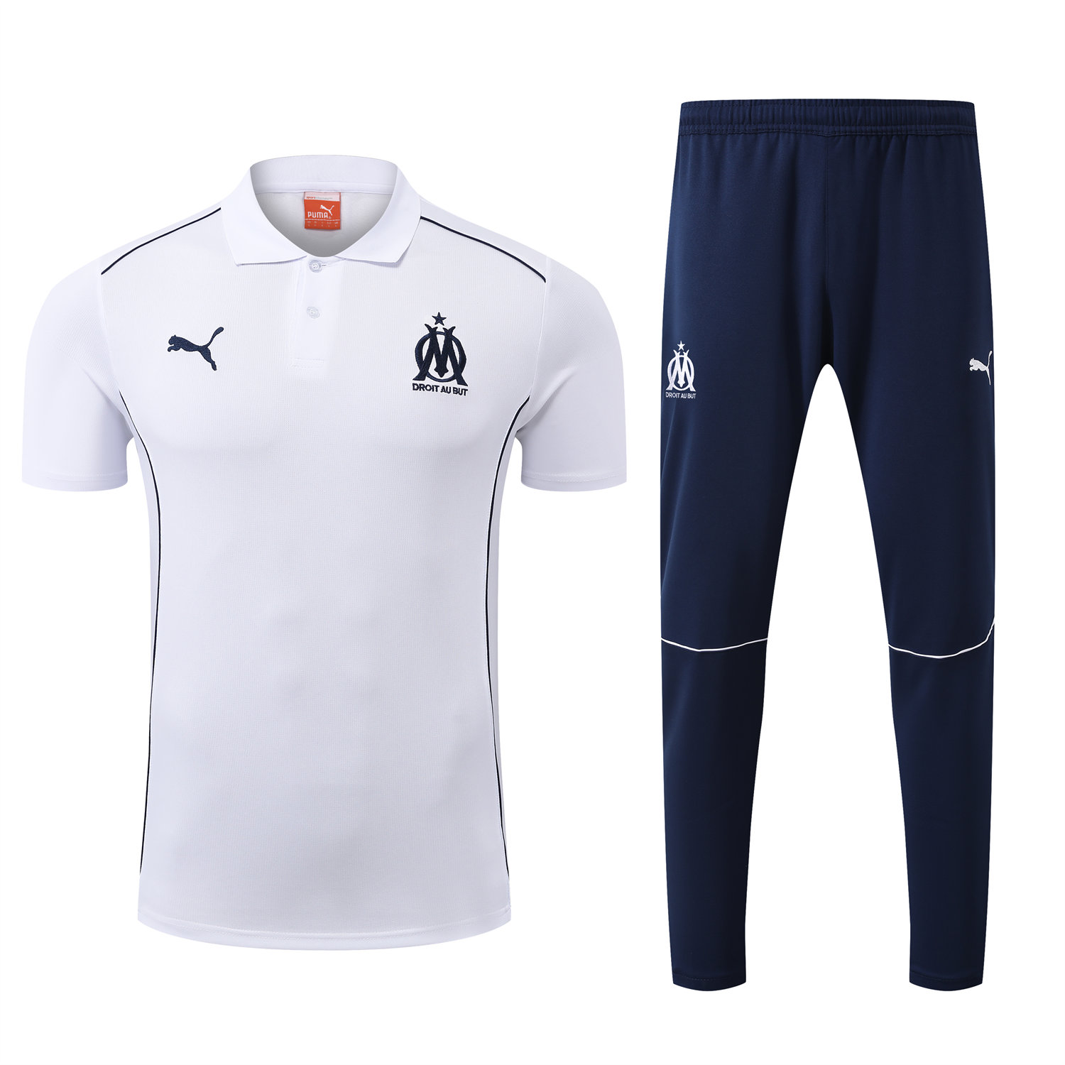foot-Marseille 25-26 POLO Short-Sleeve Training Set - White Top and Deep Blue Pants