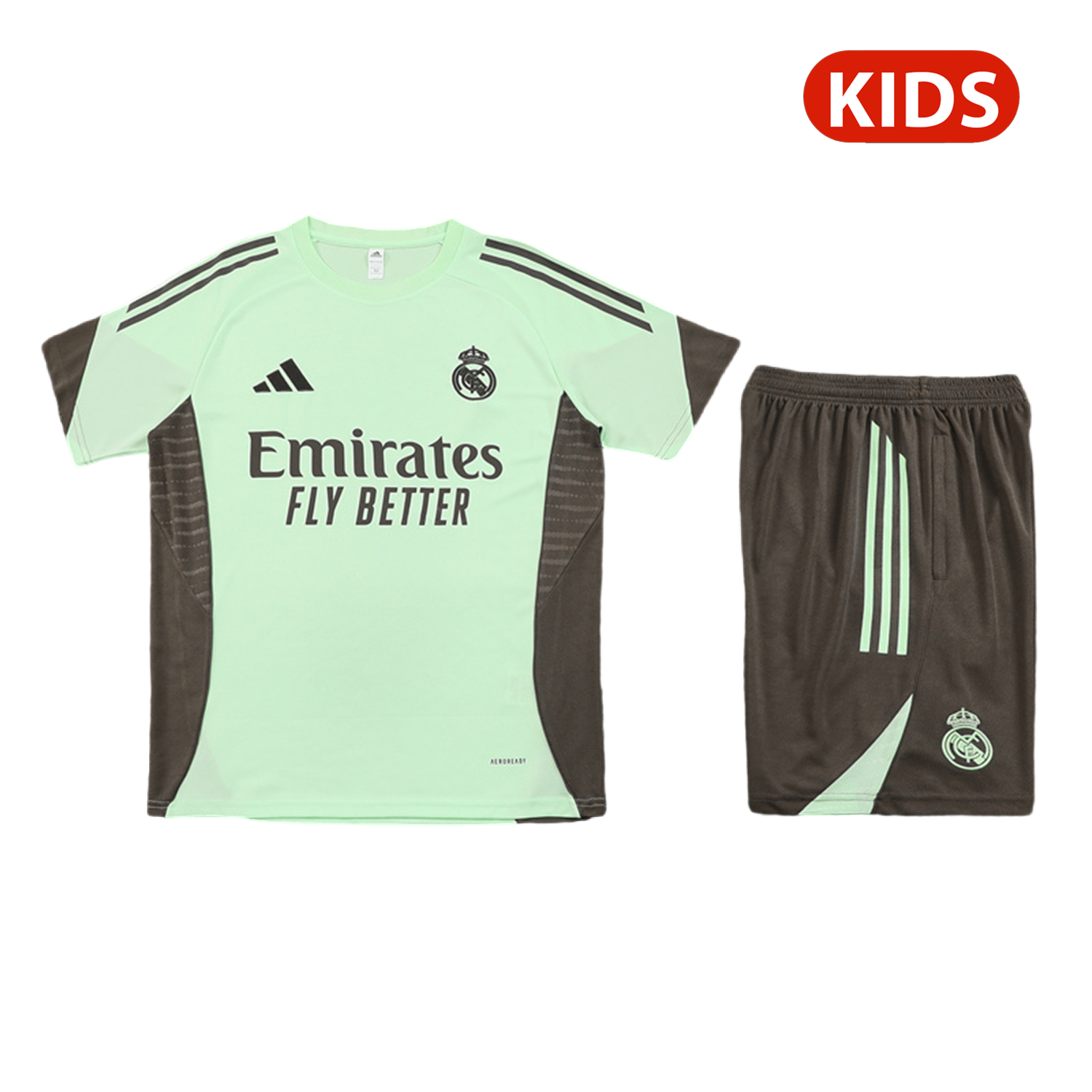 foot-Real Madrid 25-26 Kids Short-Sleeve Training Set - Light Green Top and Dark Khaki Shorts