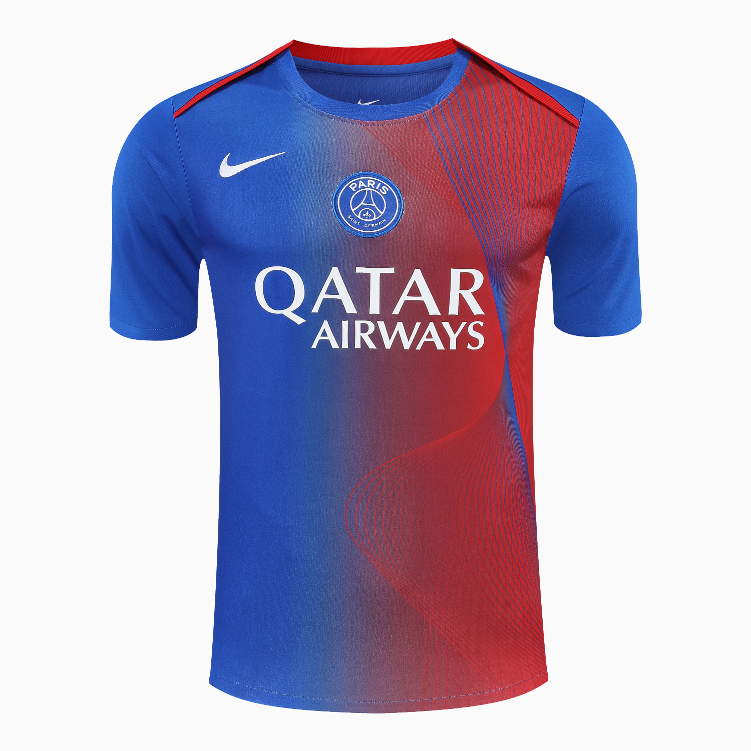 Unitedfootballkit.com | Paris Saint-Germain PSG 25-26 Short-Sleeve Training Set - Red And Blue Lines Top & Blue Shorts -Customize Name, Number and Patch | Worldwide Shipping